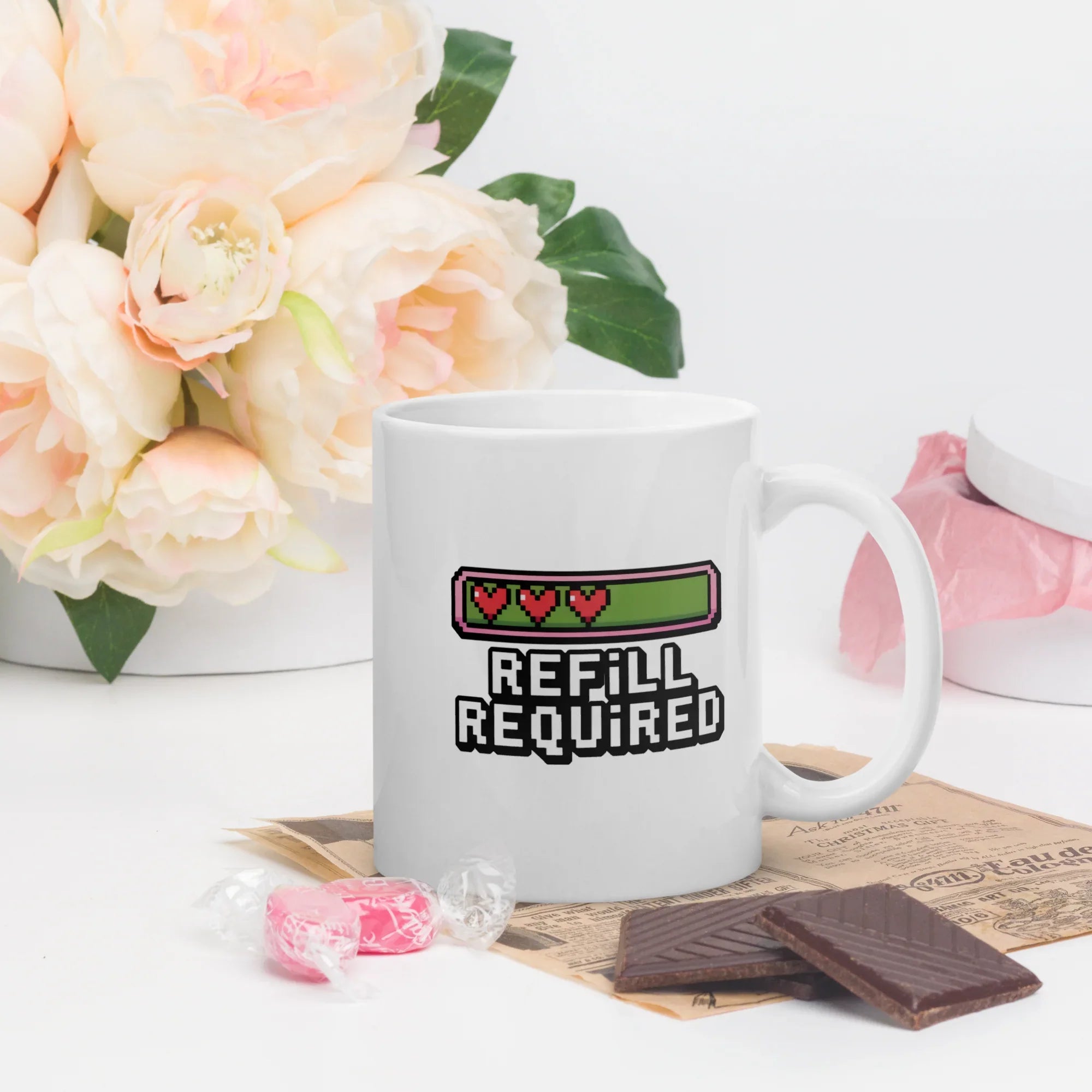Refill Required Pixel Heart Design – Retro Gaming Energy Bar Mug - RaZits