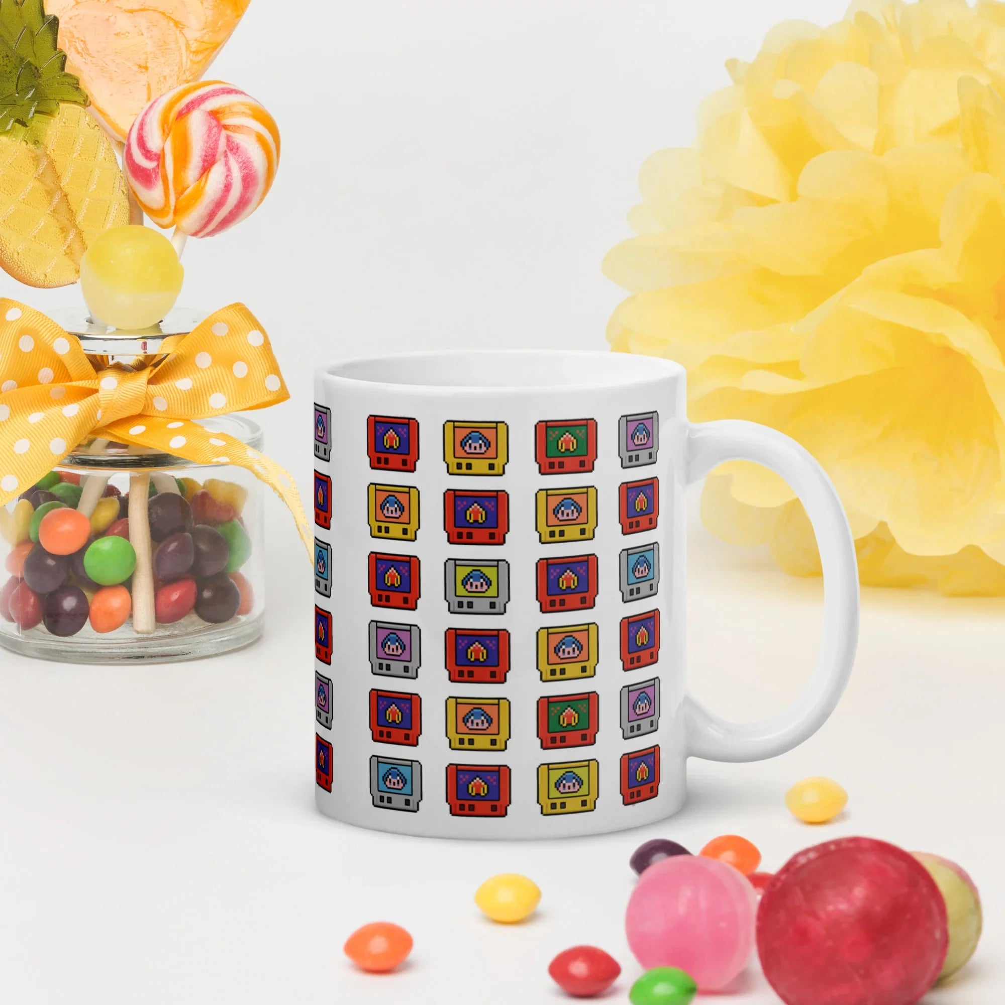 Pixel Cartridge Collection Mug – Retro Gamer Pattern with 8-Bit Nostalgia - RaZits