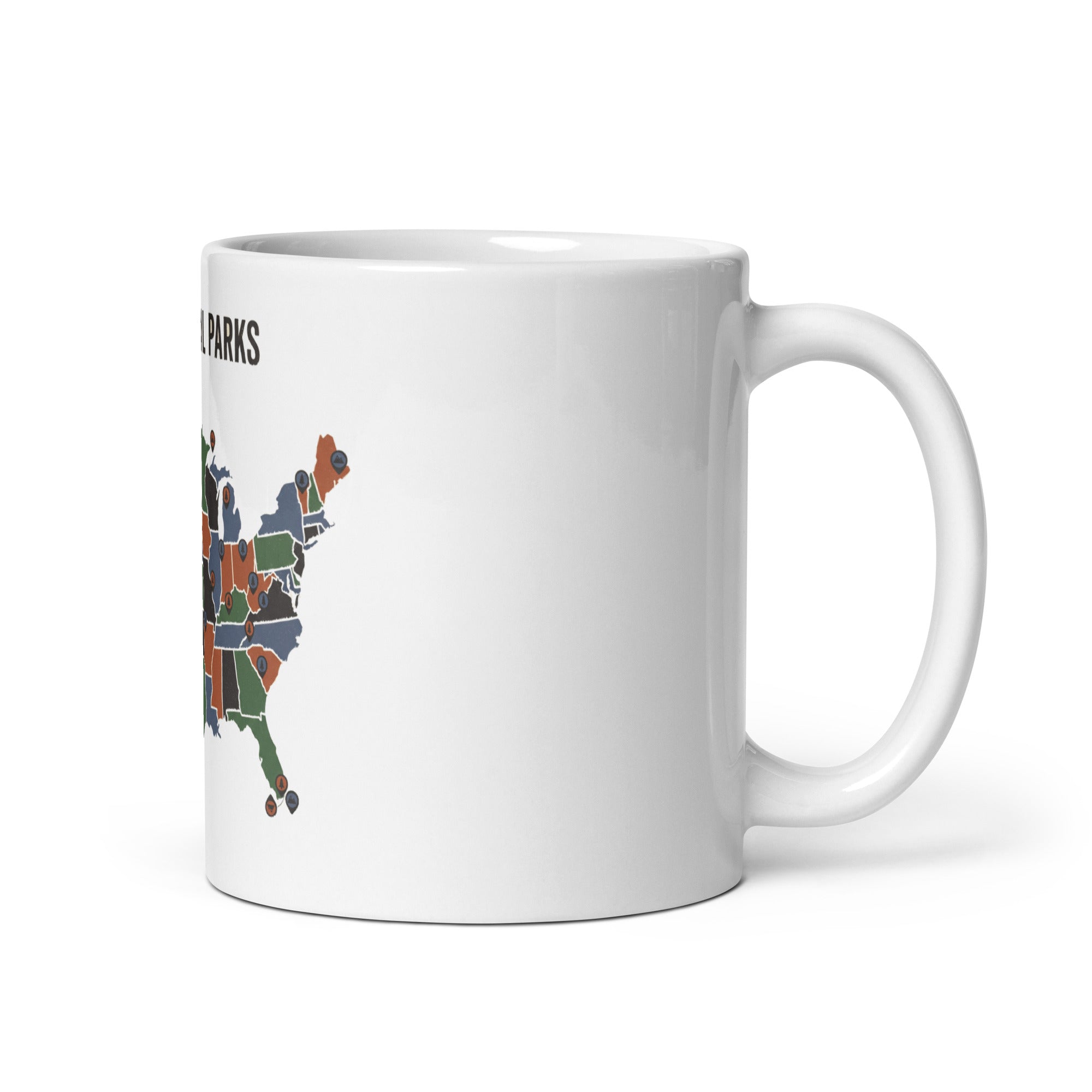 11 oz white national park mug, handle on the right, one edge of the four-color US map showing