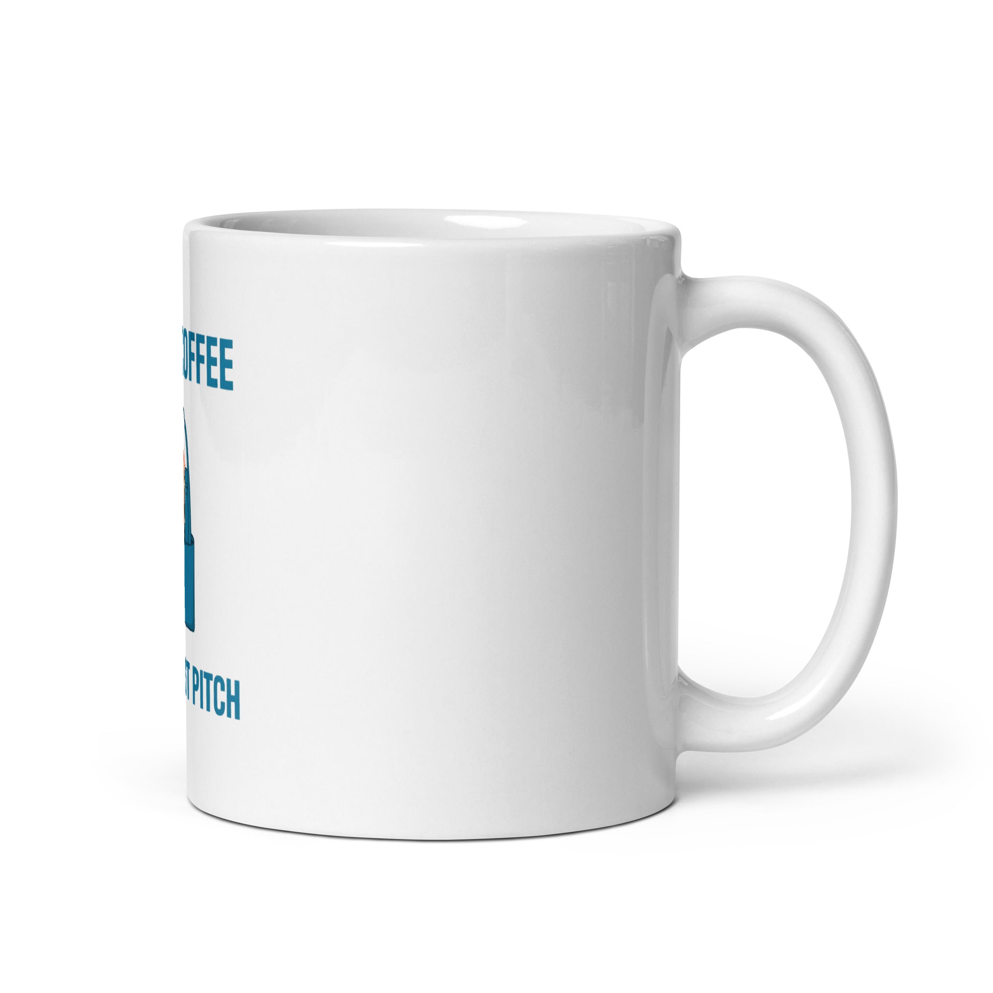 White 11 oz mug, handle on right, showing mostly white ceramic with a partial edge of the First Coffee, Then First Pitch design on the left.