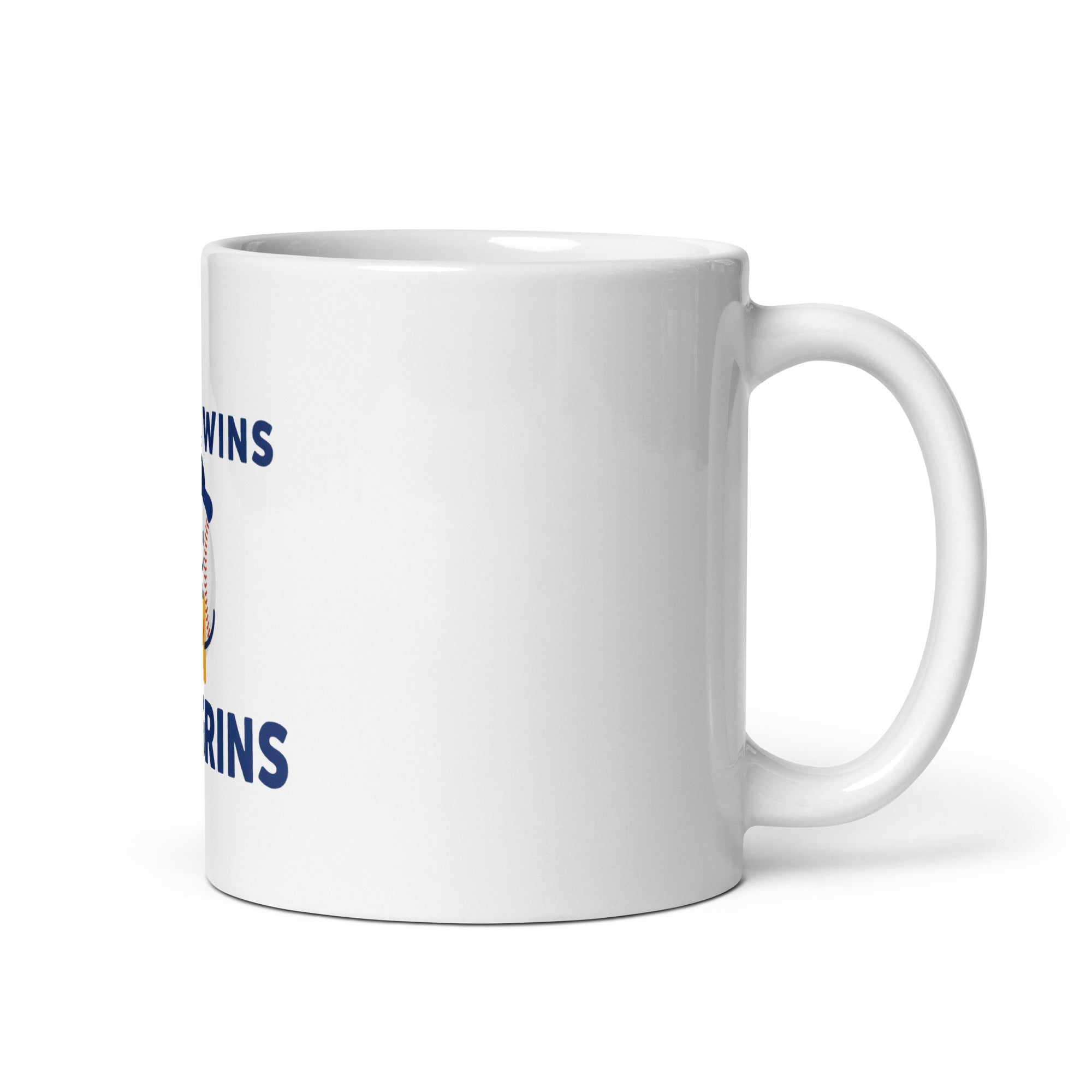 White 11 oz mug, handle on right, showing mostly white ceramic with a partial edge of the Small Wins, Big Grins design on the left.