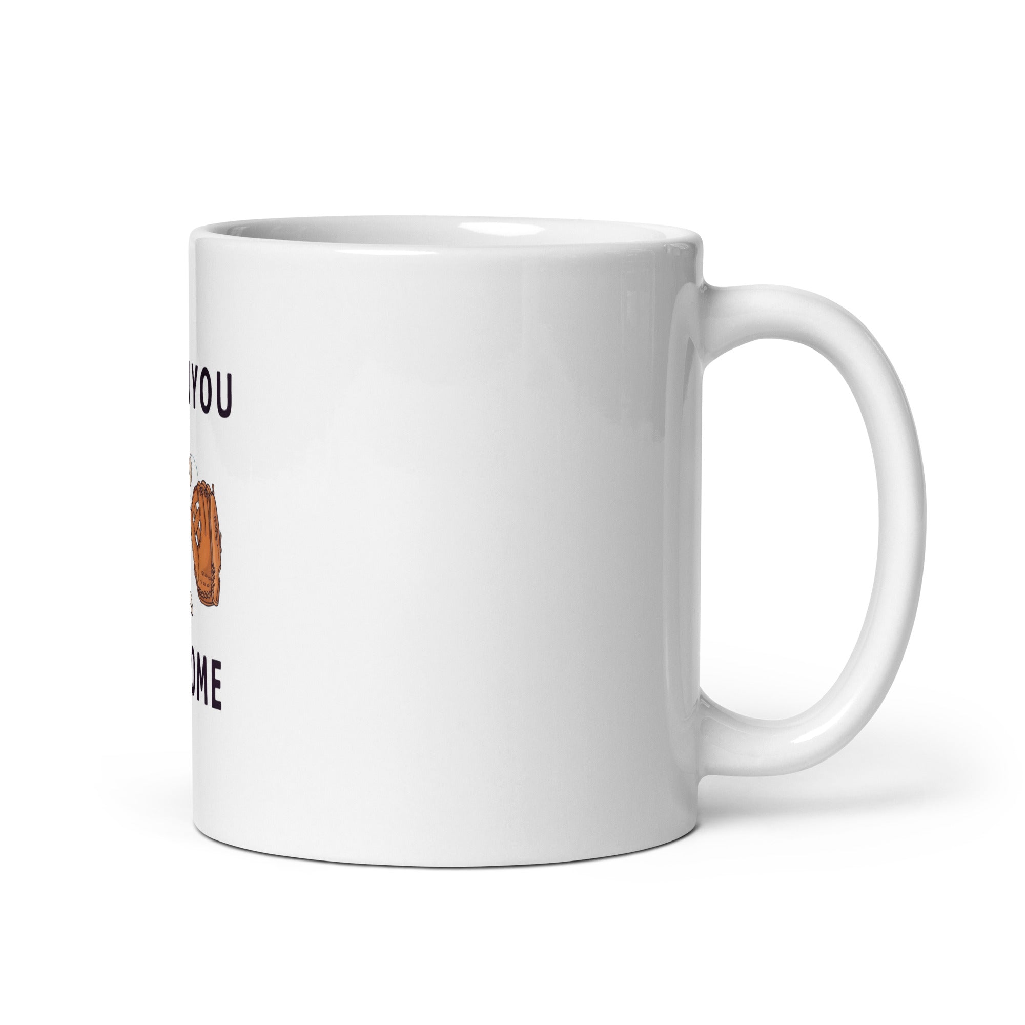White 11 oz mug, handle on right, showing mostly white ceramic with a partial edge of the Catch You at Home design on the left.