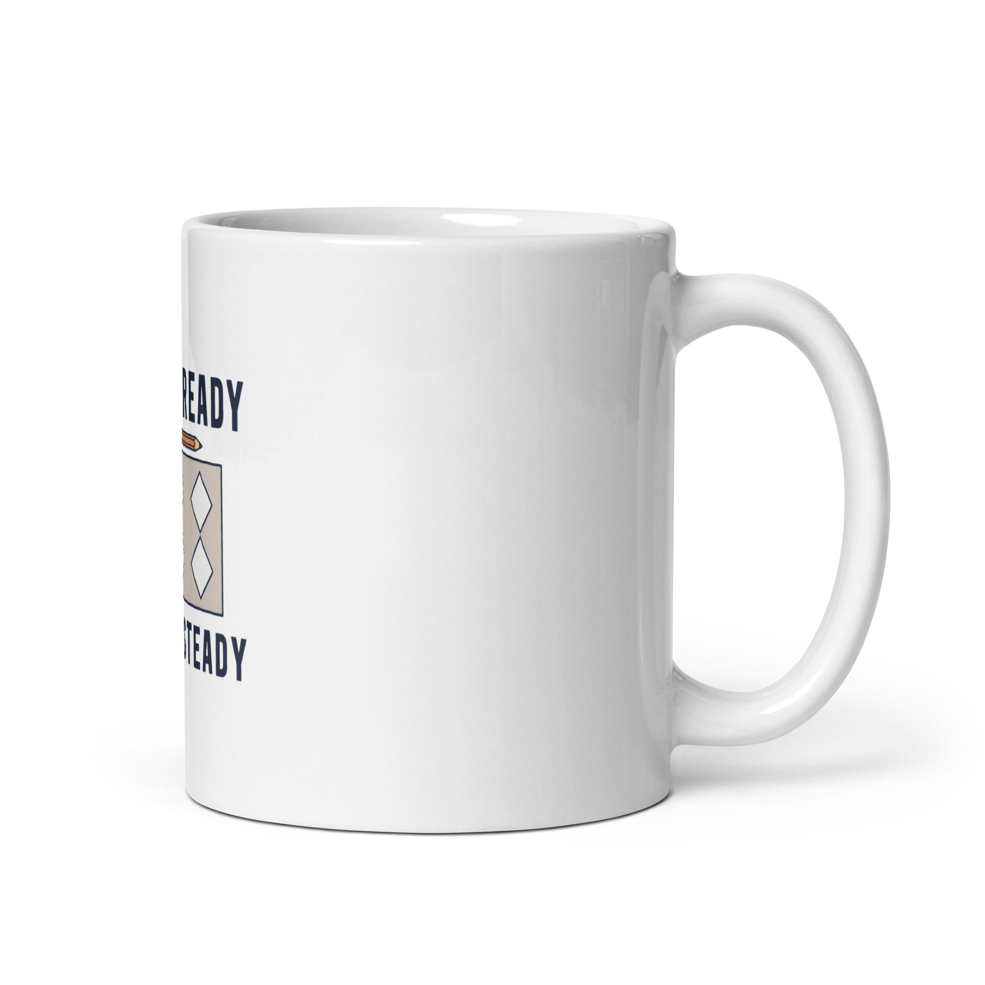 White 11 oz mug, handle on right, showing mostly white ceramic and a partial edge of the Pencil Ready, Coffee Steady artwork.