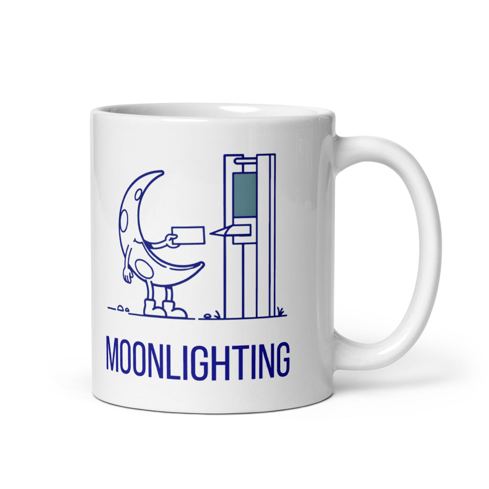 11 oz moonlighting mug, handle on the right, with a crescent moon in boots clocking in at a time clock above navy MOONLIGHTING lettering