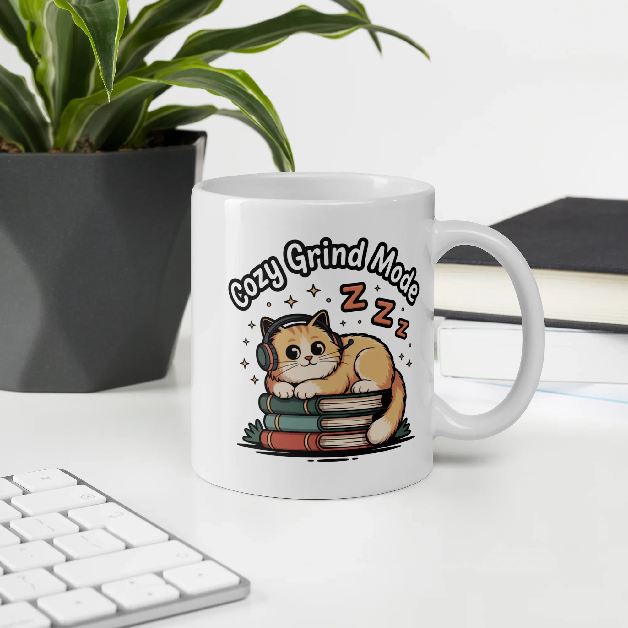 Cozy Grind Mode Cat Mug – Chill Gamer Cat with Headphones and Books - RaZits