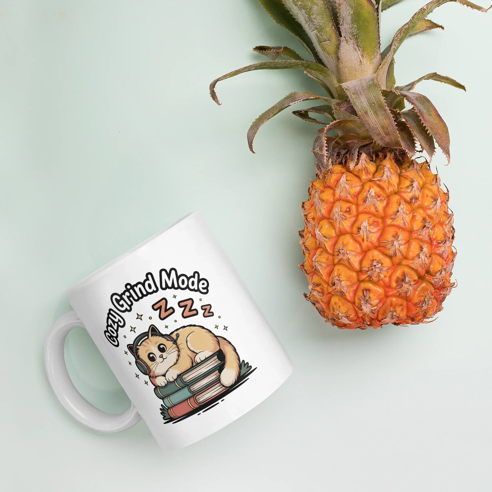 Cozy Grind Mode Cat Mug – Chill Gamer Cat with Headphones and Books - RaZits