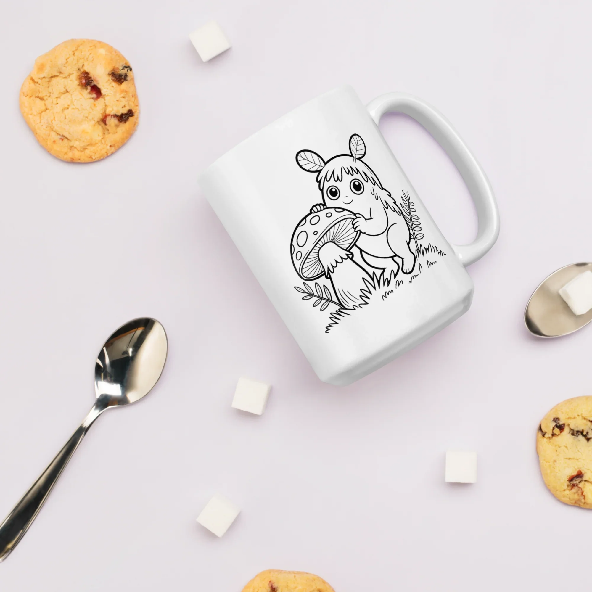 Forest Spirit & Mushroom Mug – Whimsical Woodland Creature Line Art Design - RaZits