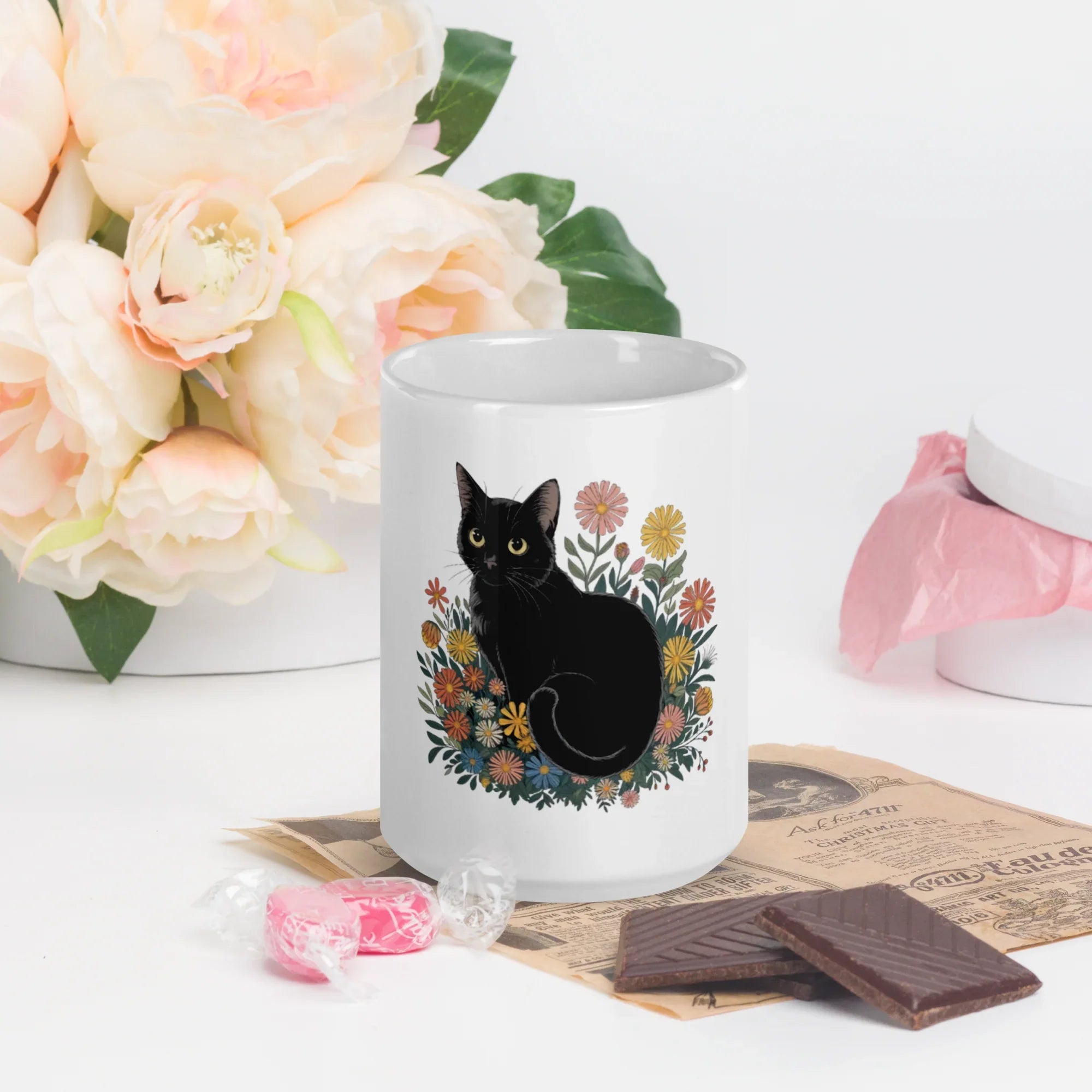 Black Cat Coffee Mug – Cute Floral Design for Cat Lovers - RaZits