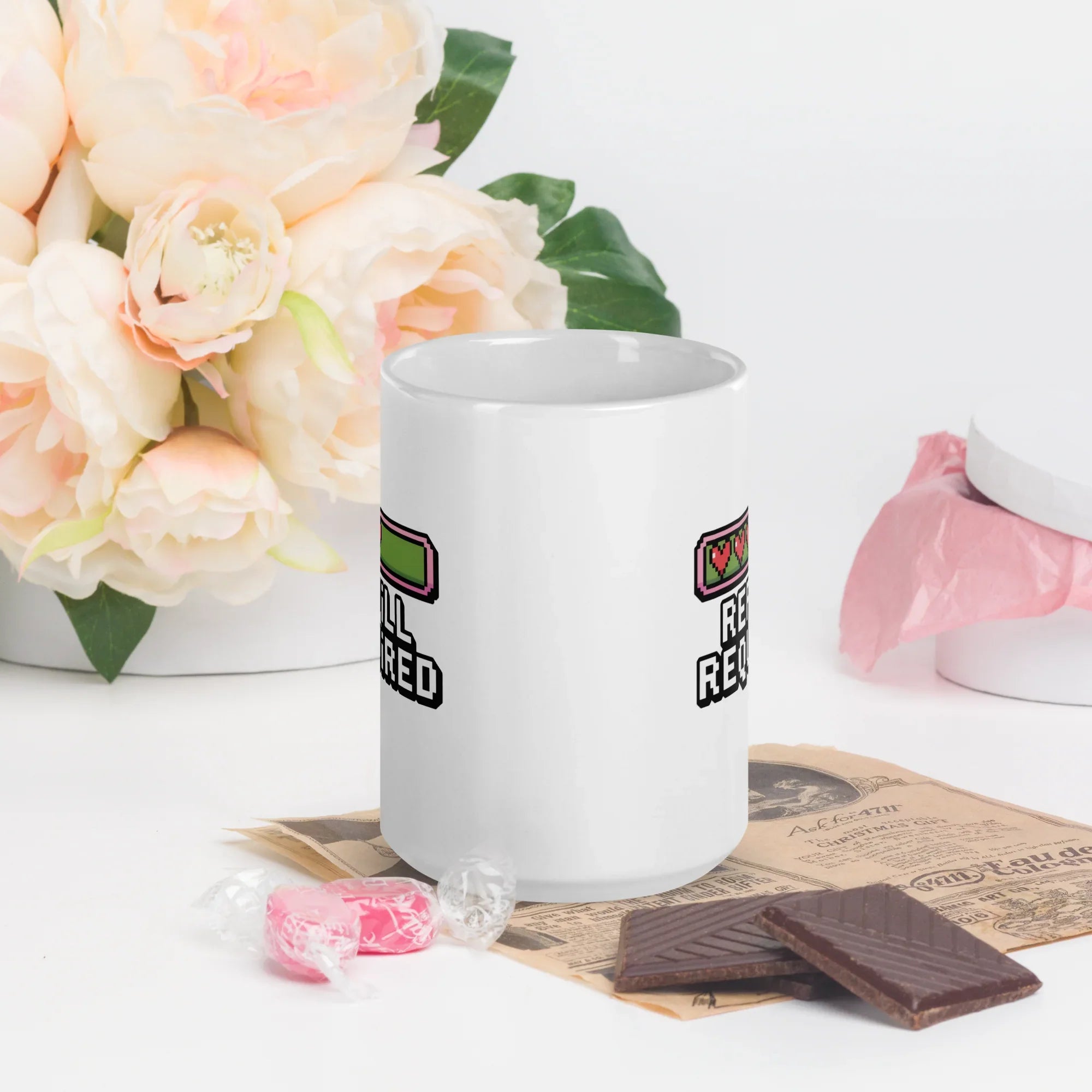 Refill Required Pixel Heart Design – Retro Gaming Energy Bar Mug - RaZits