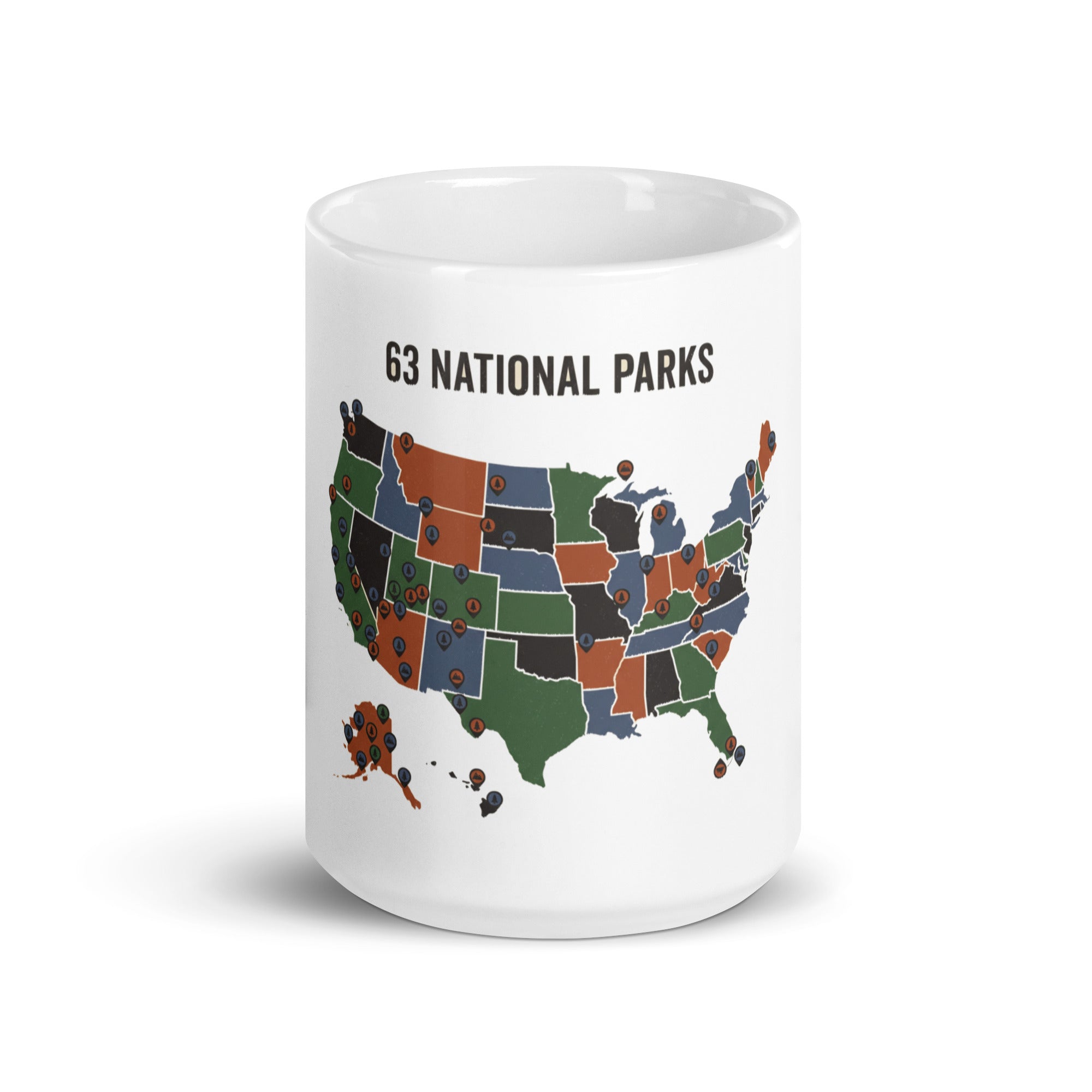 15 oz white national park mug, front view from slightly above: headline and four-color US map with pins