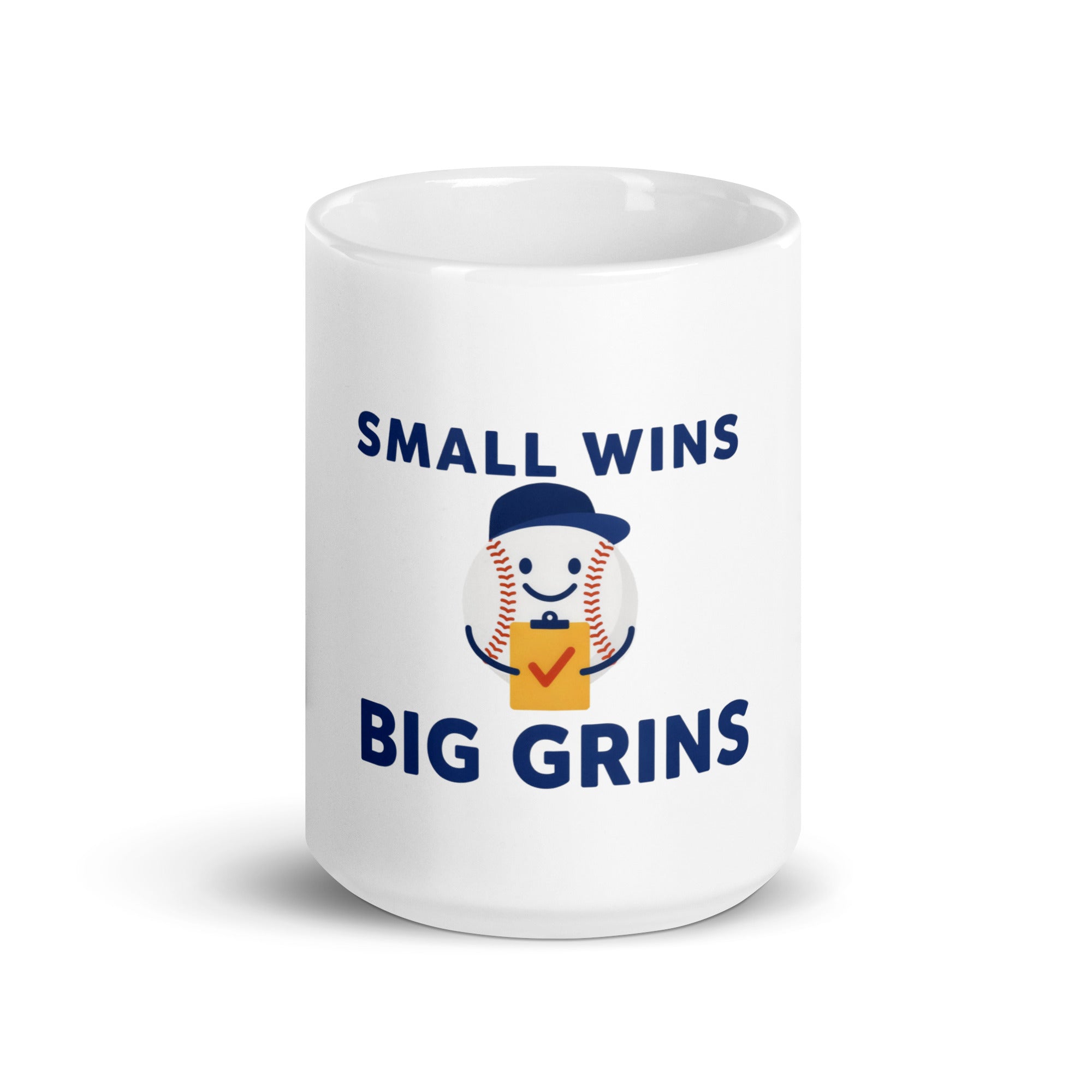 White 15 oz baseball coach mug, front view, with Small Wins, Big Grins lettering and a smiling baseball holding a yellow clipboard.