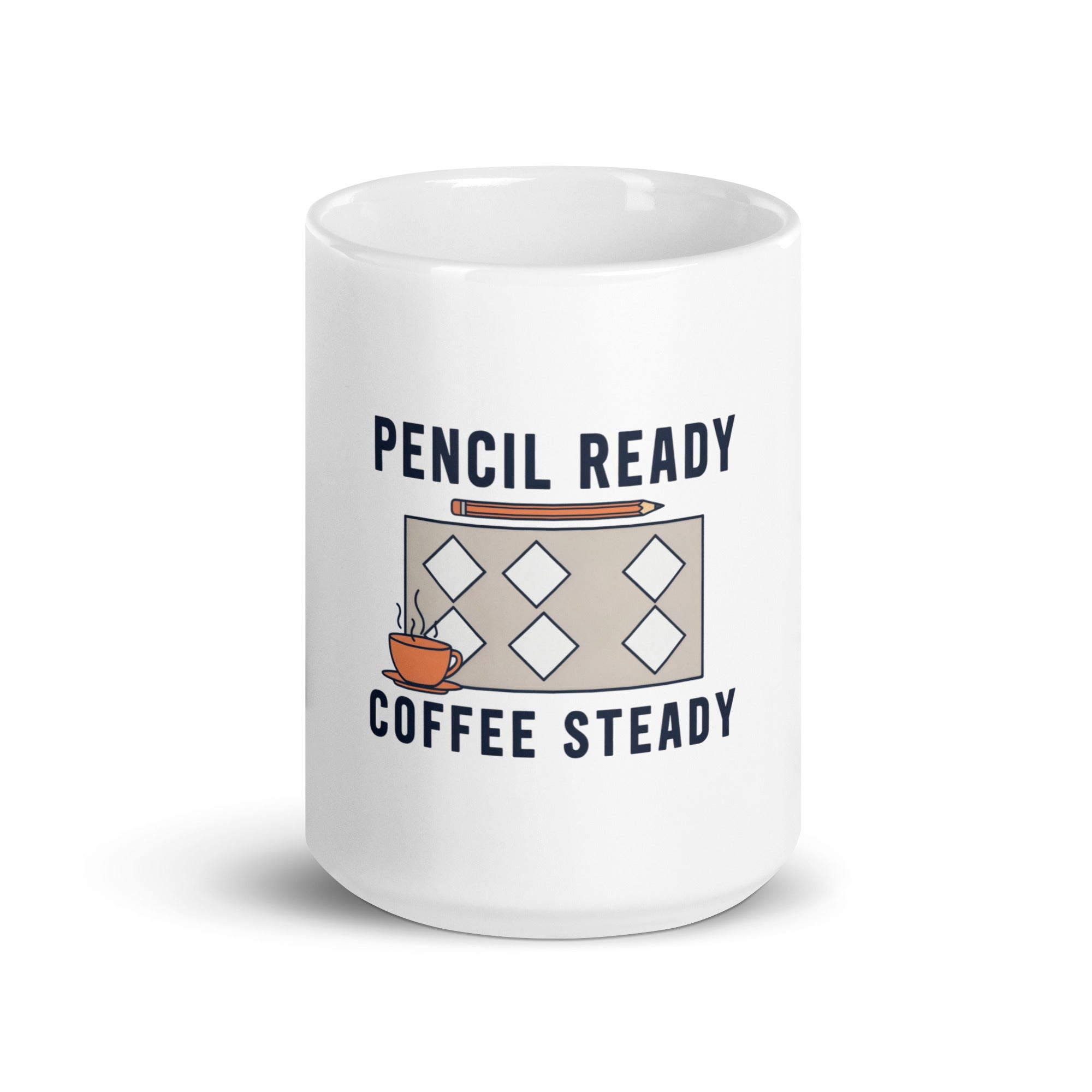 White 15 oz baseball coffee mug with Pencil Ready, Coffee Steady lettering, a horizontal orange pencil, six-diamond scorecard and steaming orange cup; front view.