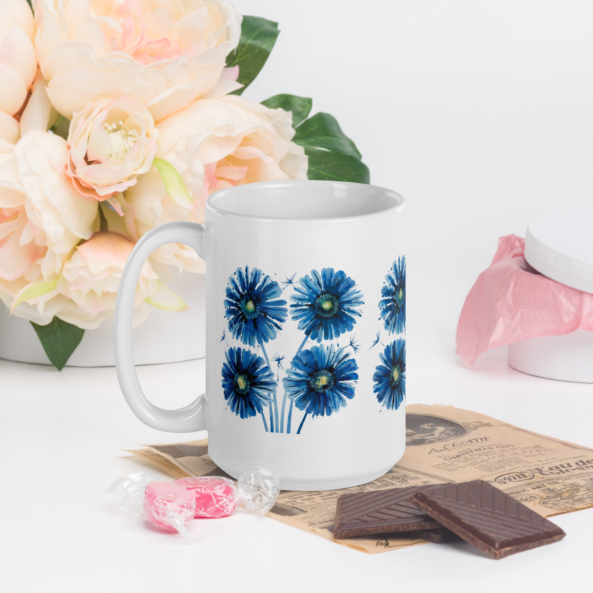 Blue Floral Mug – Beautiful Flower Cup for Morning Coffee & Afternoon Tea.