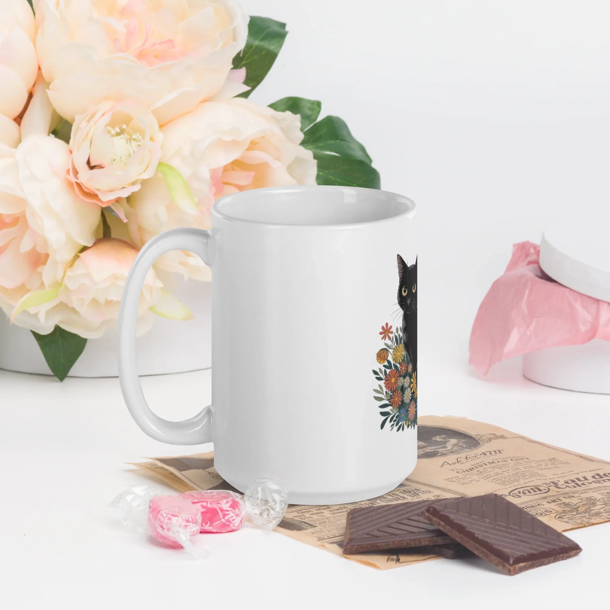 Black Cat Coffee Mug – Cute Floral Design for Cat Lovers - RaZits