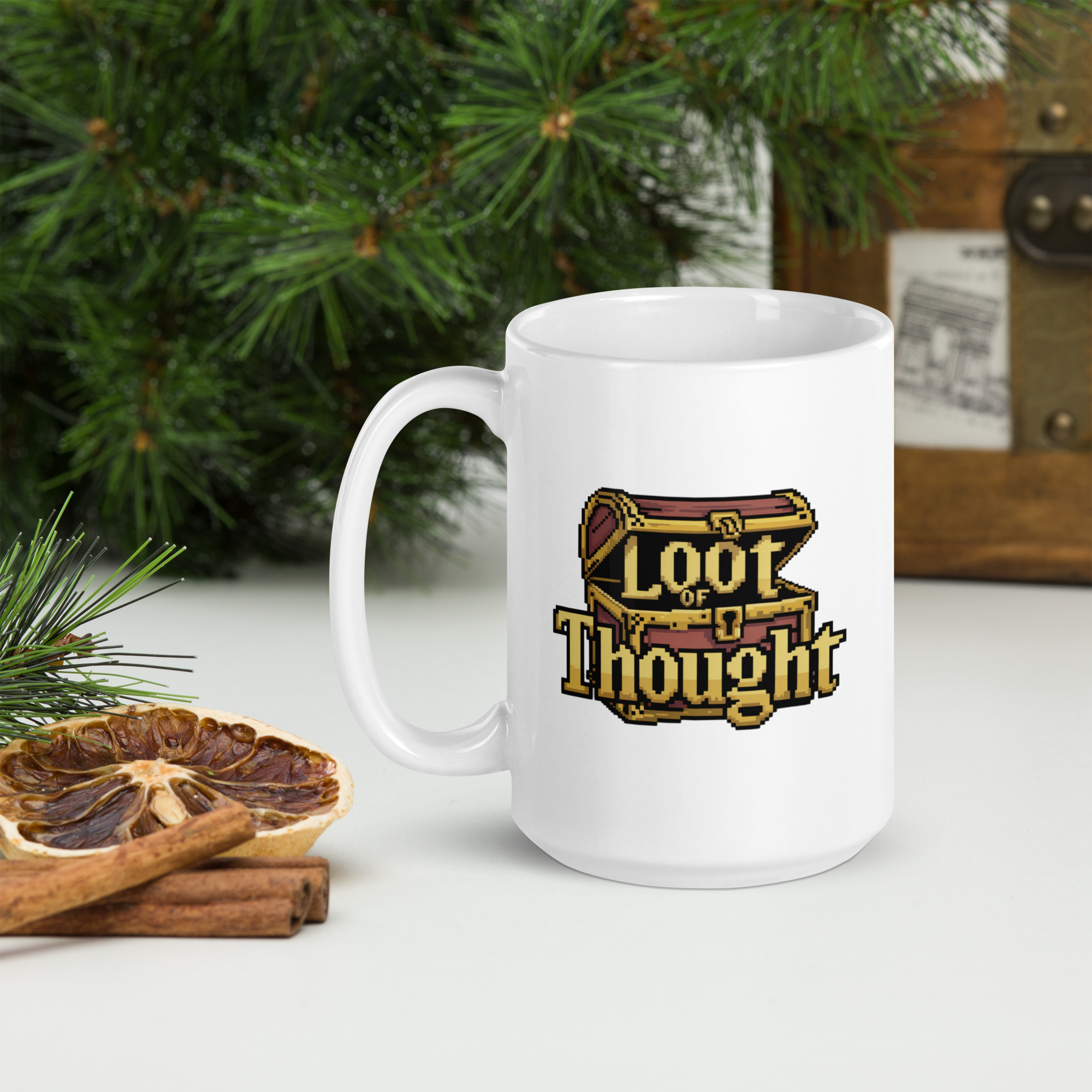 Loot of Thought Mug – Pixel Art Gamer Cup with Retro RPG Style.