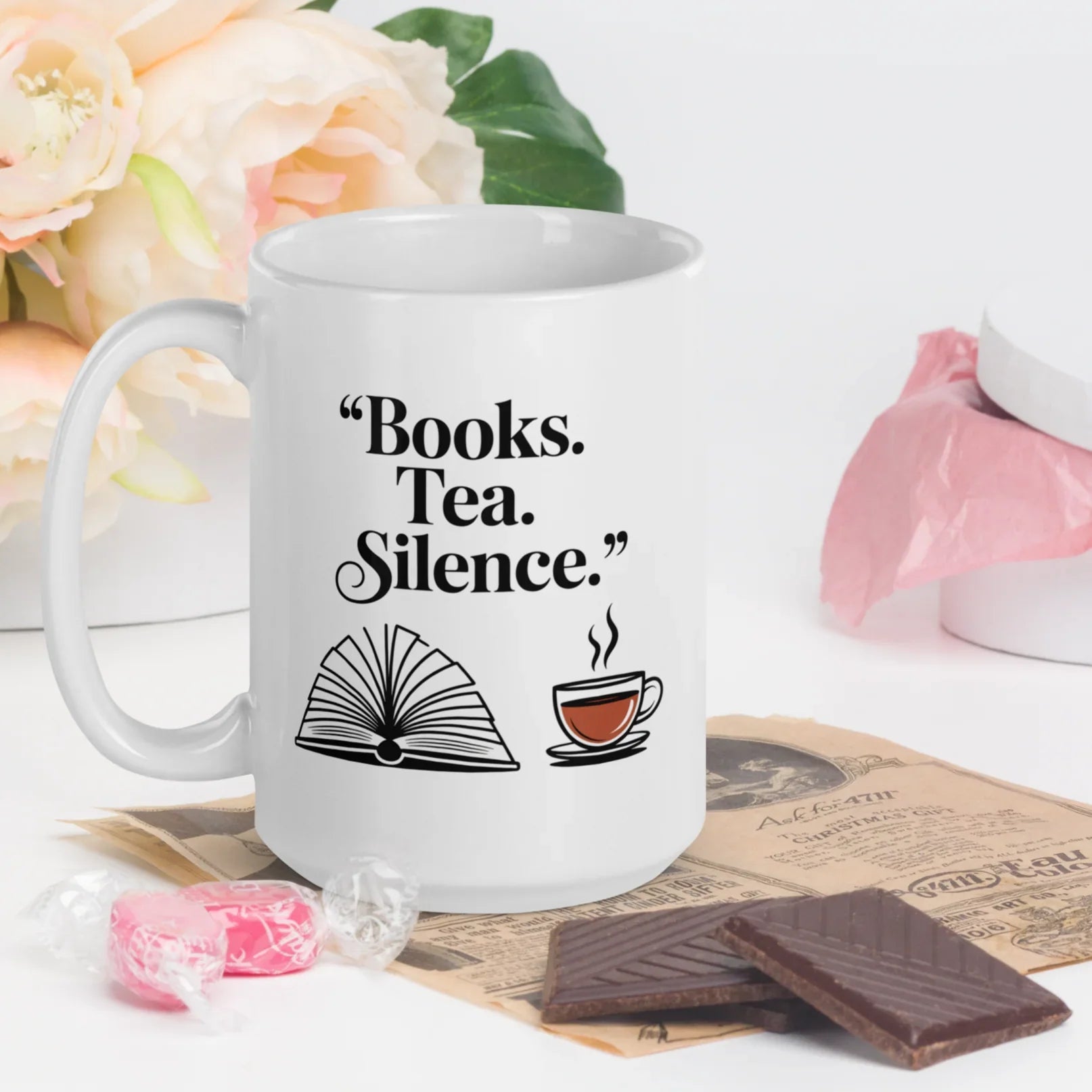 Books Tea Silence Mug – Minimalist Bookish Cup - RaZits