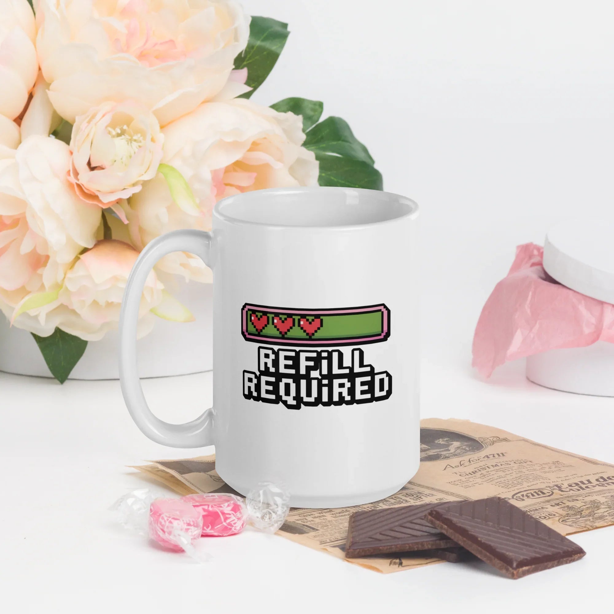 Refill Required Pixel Heart Design – Retro Gaming Energy Bar Mug - RaZits