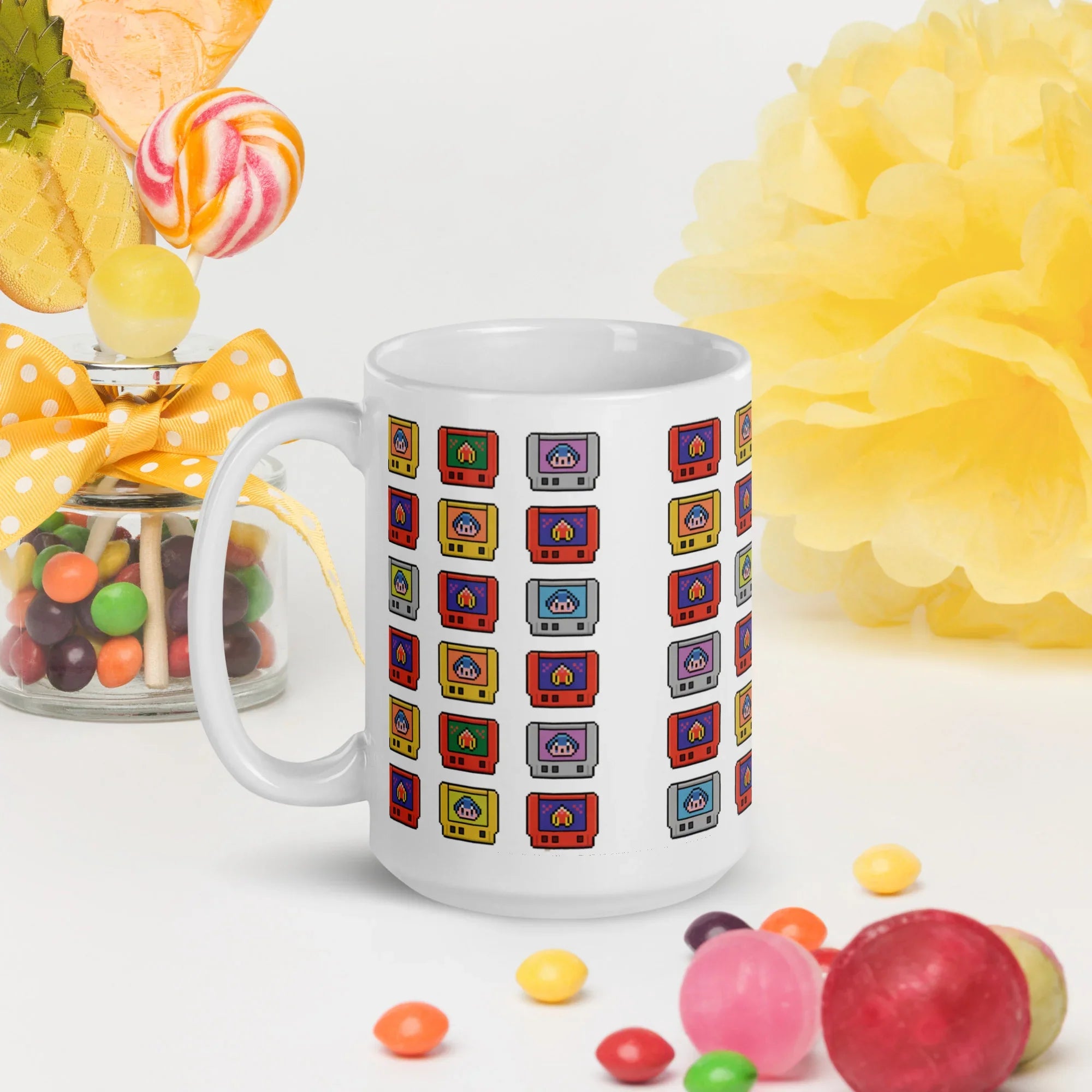 Pixel Cartridge Collection Mug – Retro Gamer Pattern with 8-Bit Nostalgia - RaZits