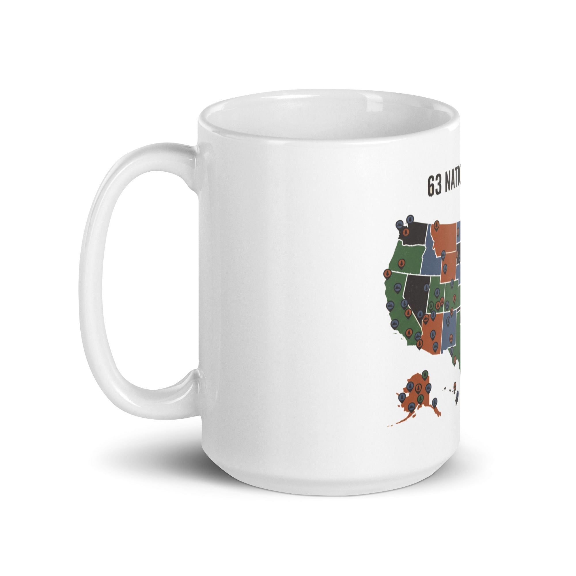 15 oz white national park mug, handle on the left, part of the headline and pin-marked map showing