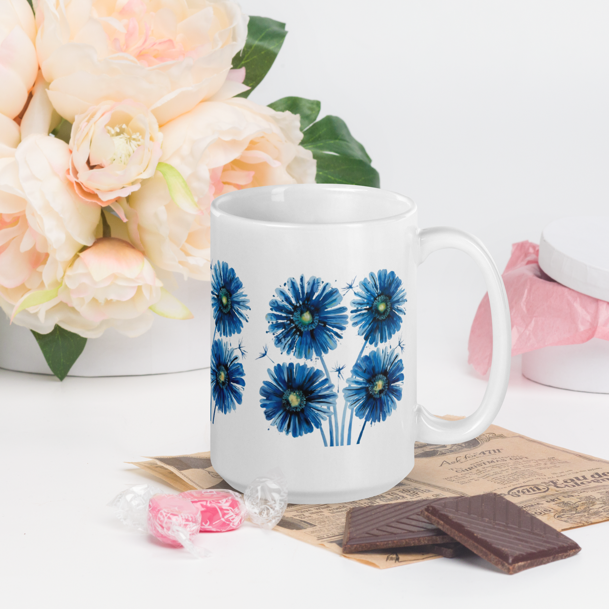 Blue Floral Mug – Beautiful Flower Cup for Morning Coffee & Afternoon Tea.