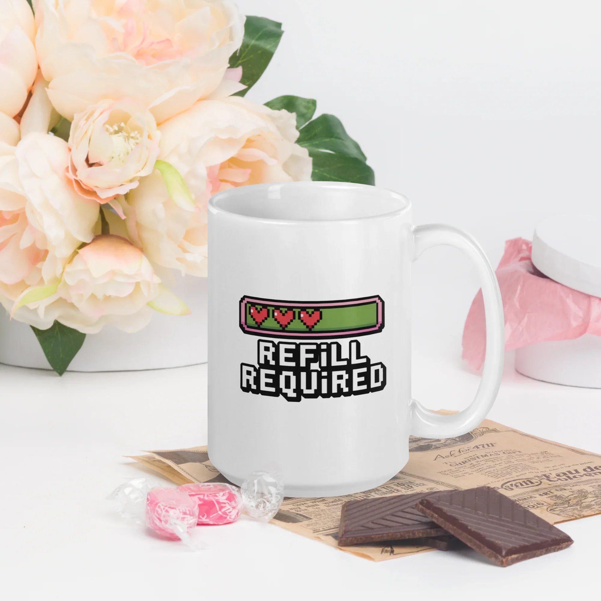 Refill Required Pixel Heart Design – Retro Gaming Energy Bar Mug - RaZits