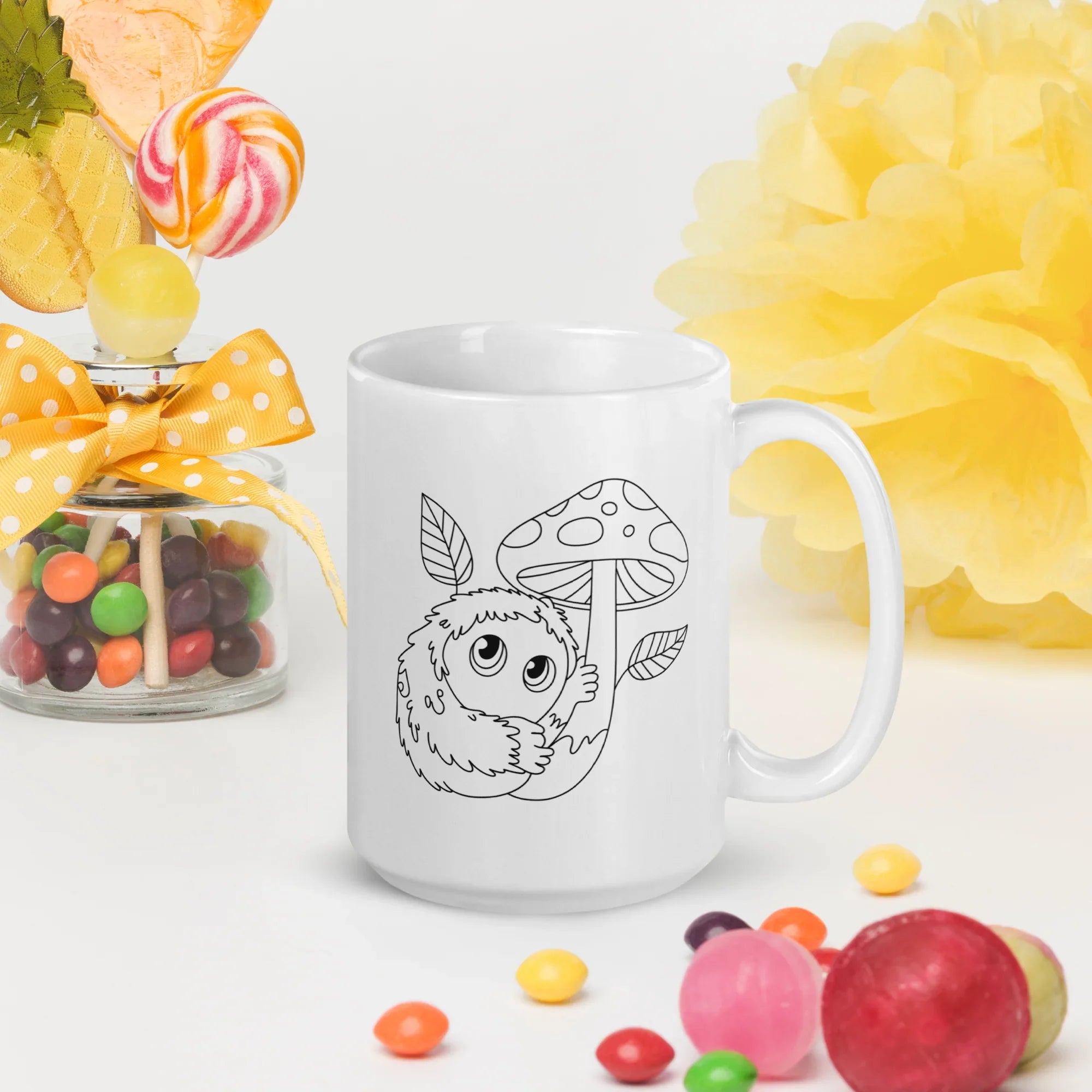 Forest Familiar Mug – Whimsical Mushroom Creature Line Art for Cozy Fantasy Gamers - RaZits