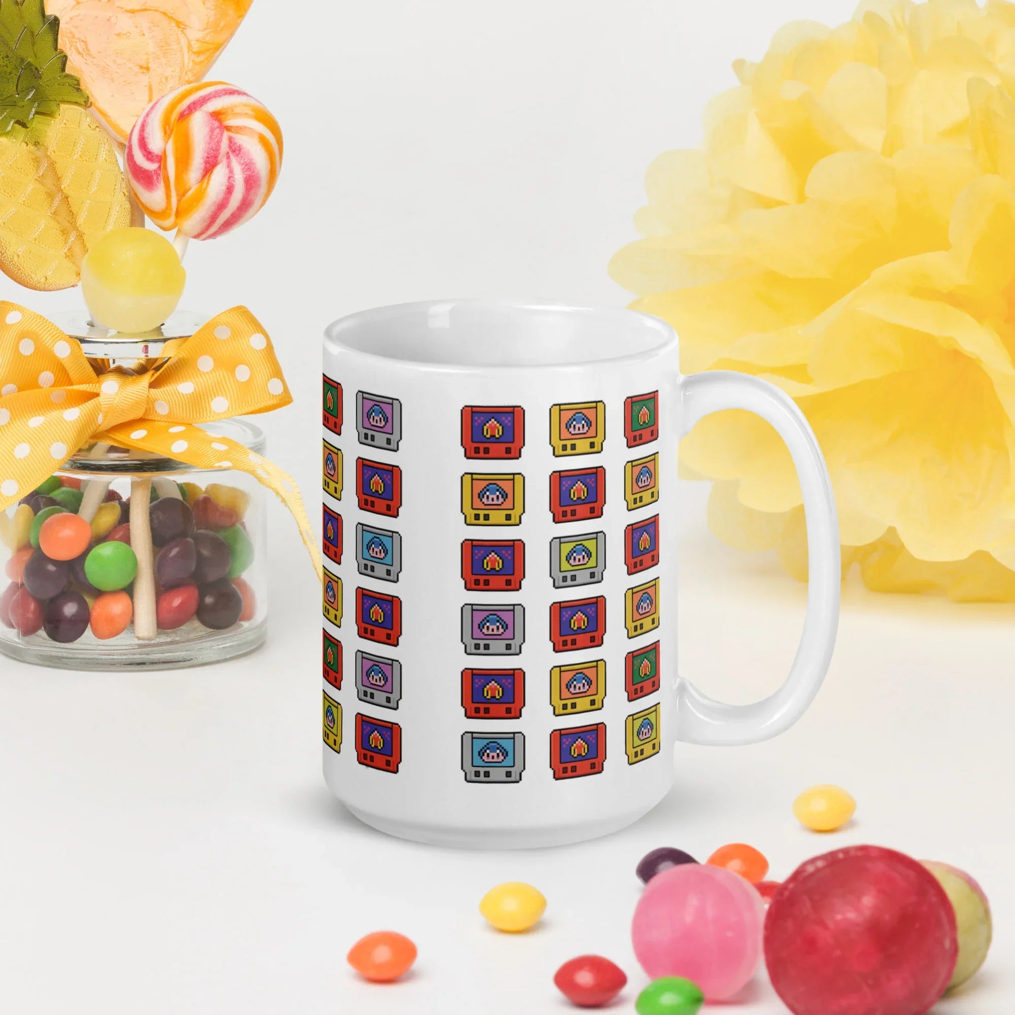 Pixel Cartridge Collection Mug – Retro Gamer Pattern with 8-Bit Nostalgia - RaZits
