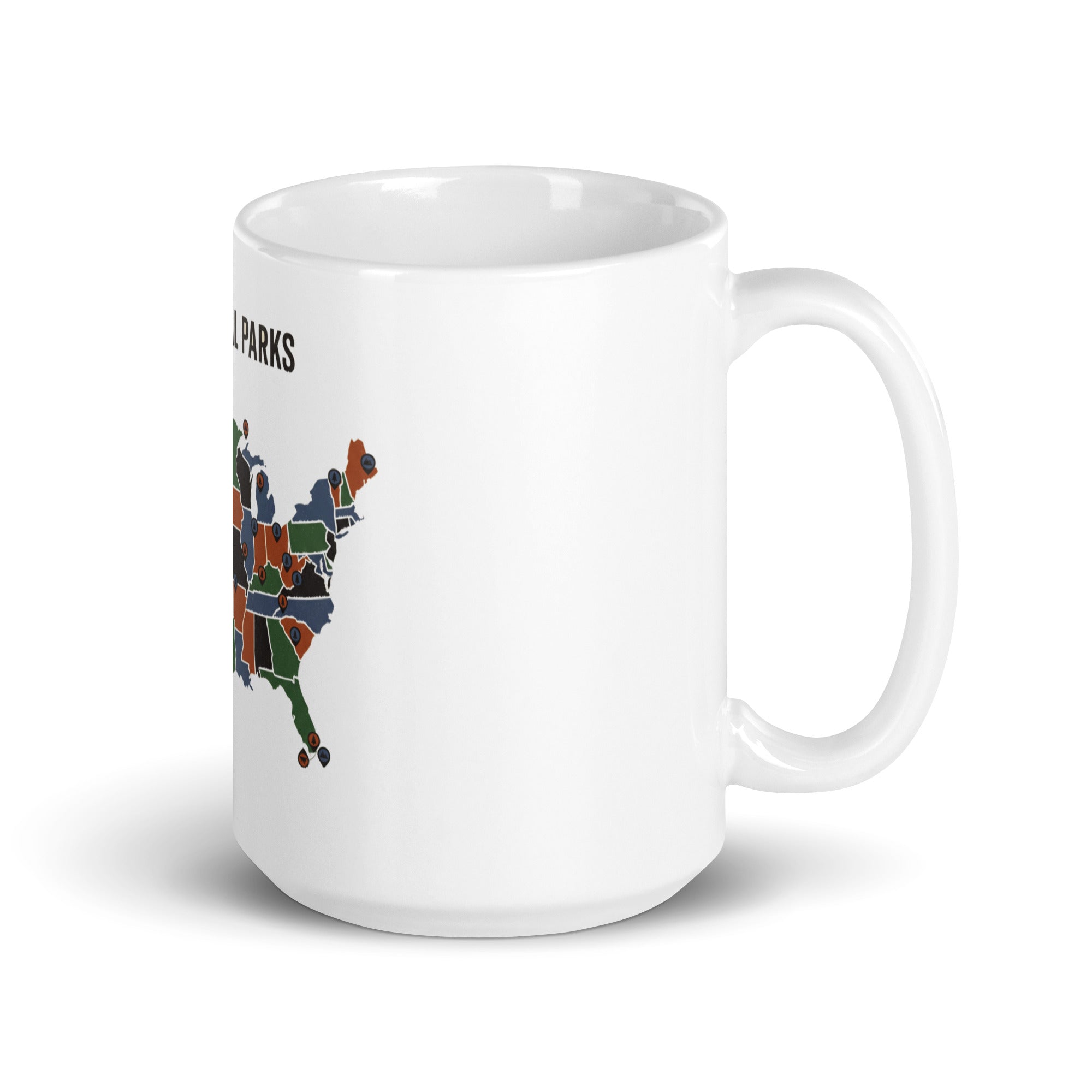 15 oz white national park mug, handle on the right, one edge of the four-color US map showing
