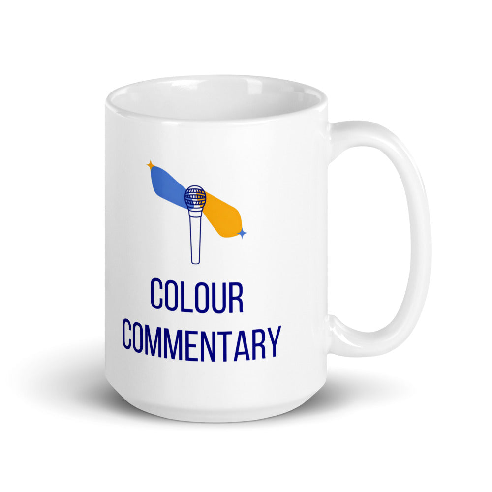 15 oz double star mug, handle on the right, the taller size with the Colour Commentary microphone design