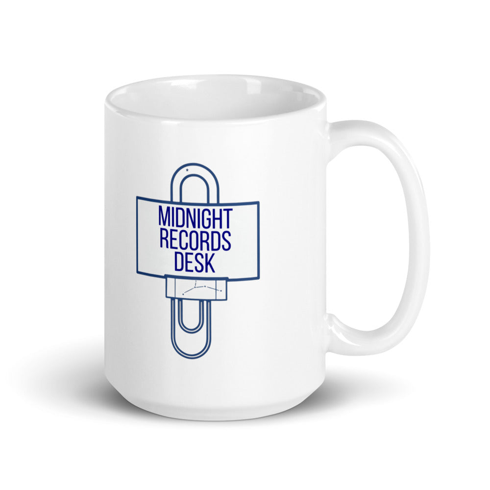 15 oz astronomy log mug, handle on the right, Midnight Records Desk design