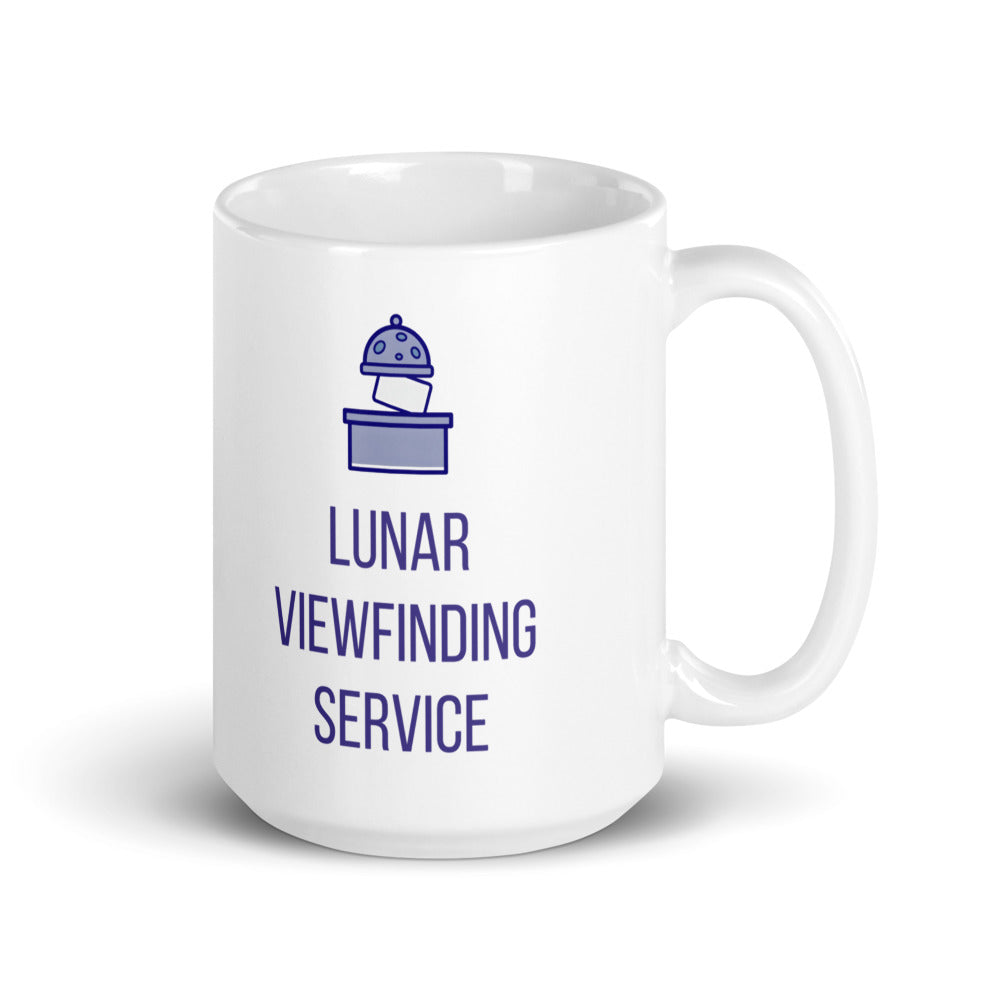 15 oz lunar observer mug, handle on the right, taller cup with the Lunar Viewfinding Service design