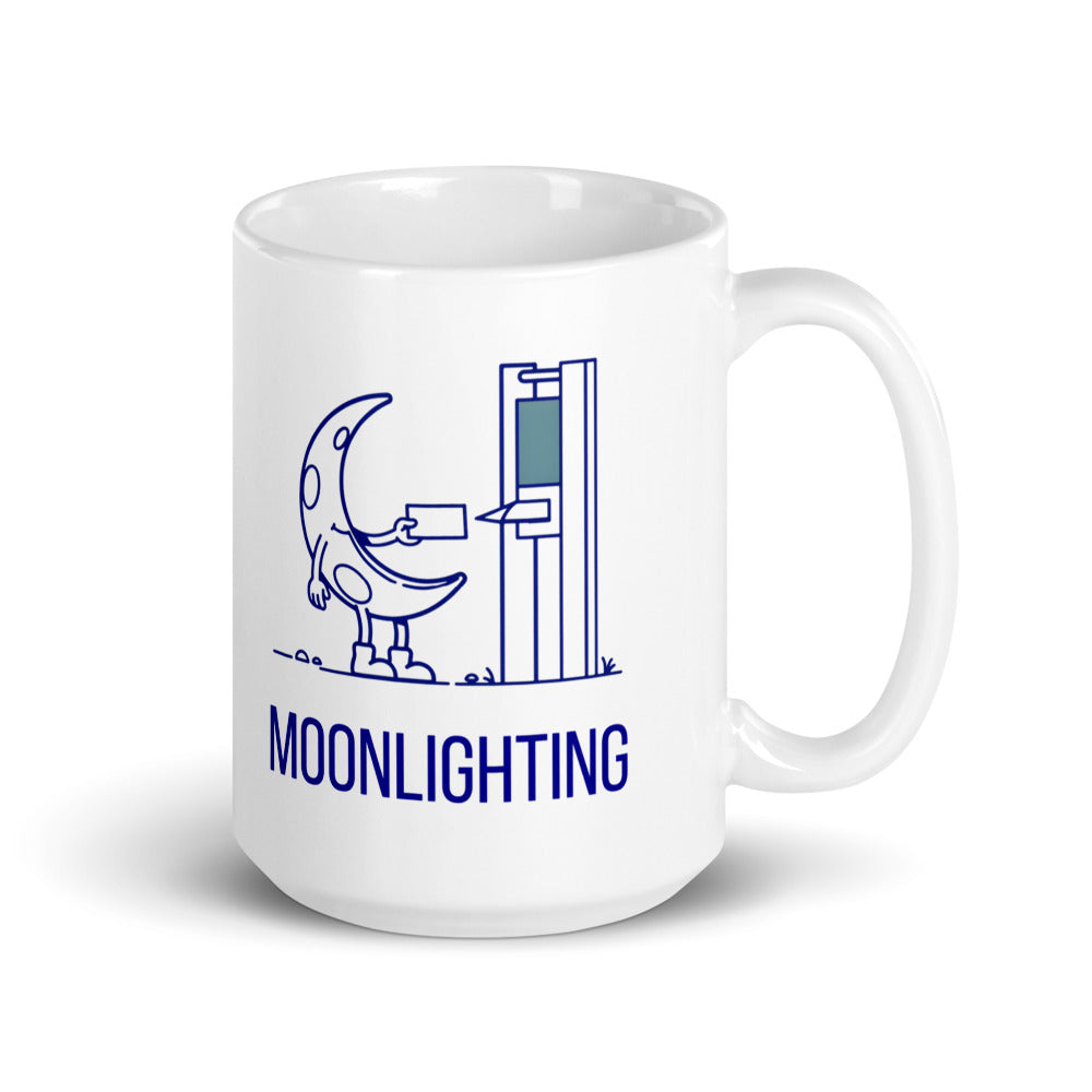 15 oz moonlighting mug, handle on the right, the taller size with the crescent moon time clock design
