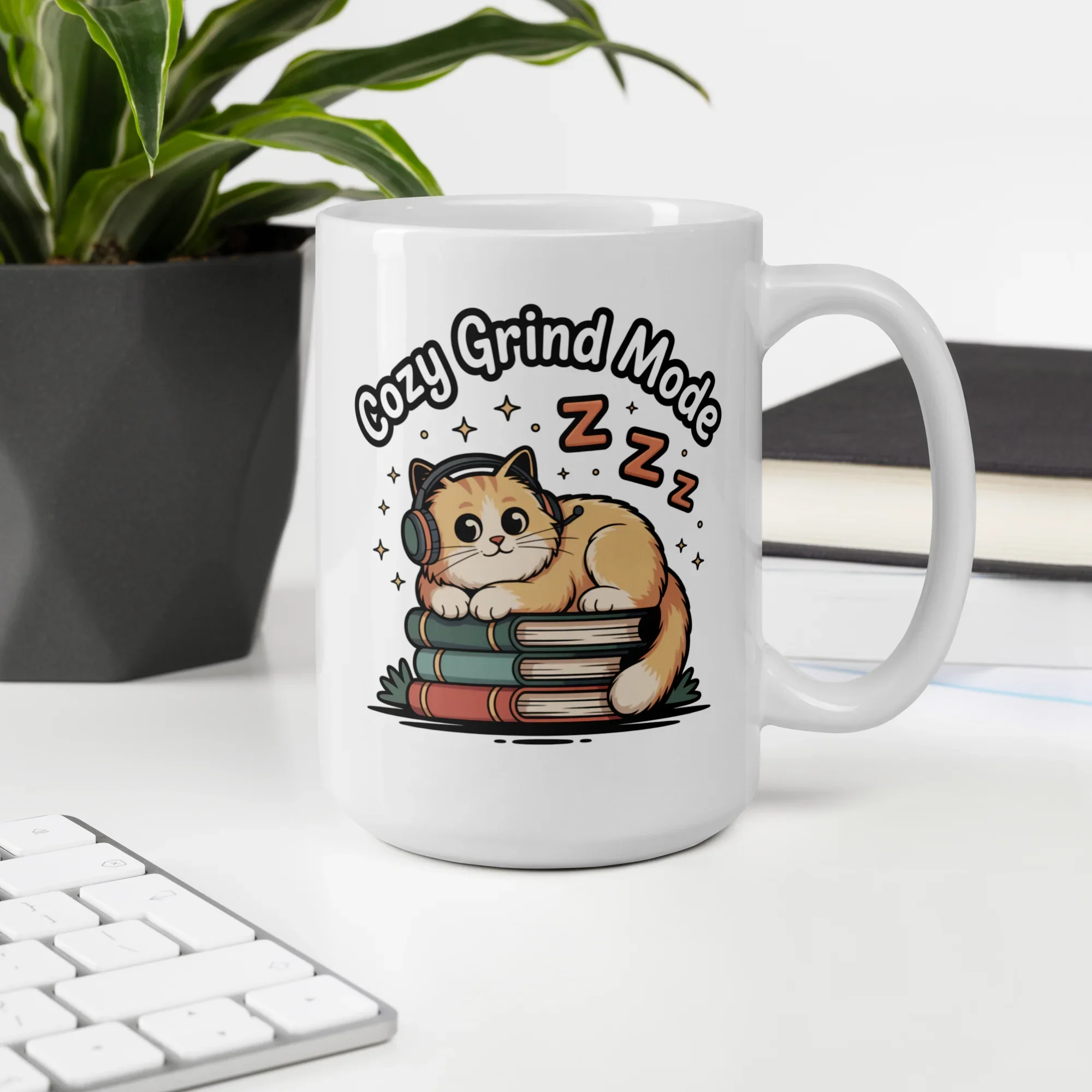 Cozy Grind Mode Cat Mug – Chill Gamer Cat with Headphones and Books - RaZits