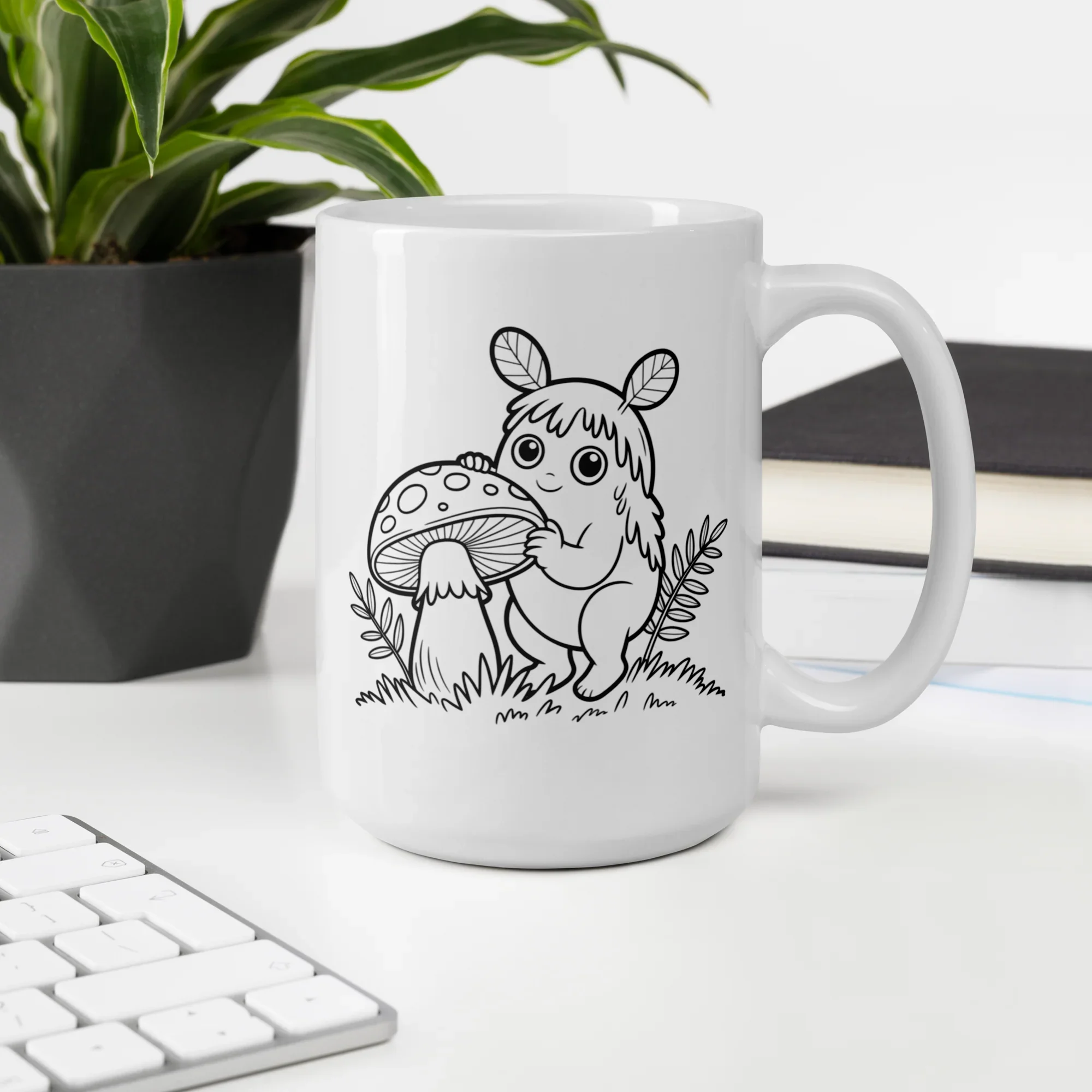 Forest Spirit & Mushroom Mug – Whimsical Woodland Creature Line Art Design - RaZits