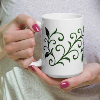 Botanical Swirl Art Mug – Elegant Green Leaf Design - RaZits