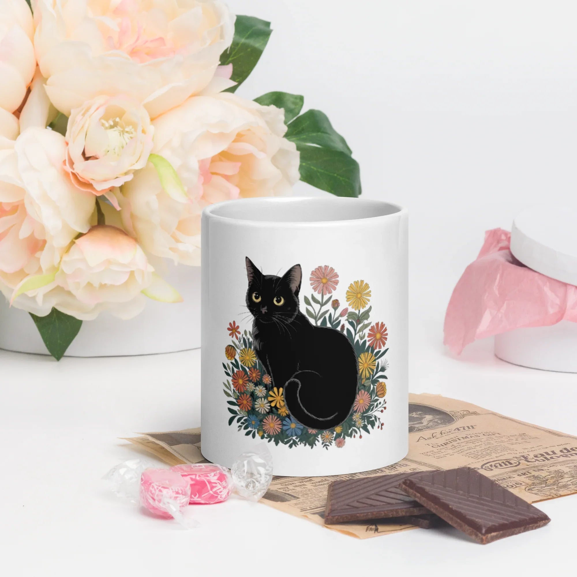 Black Cat Coffee Mug – Cute Floral Design for Cat Lovers - RaZits