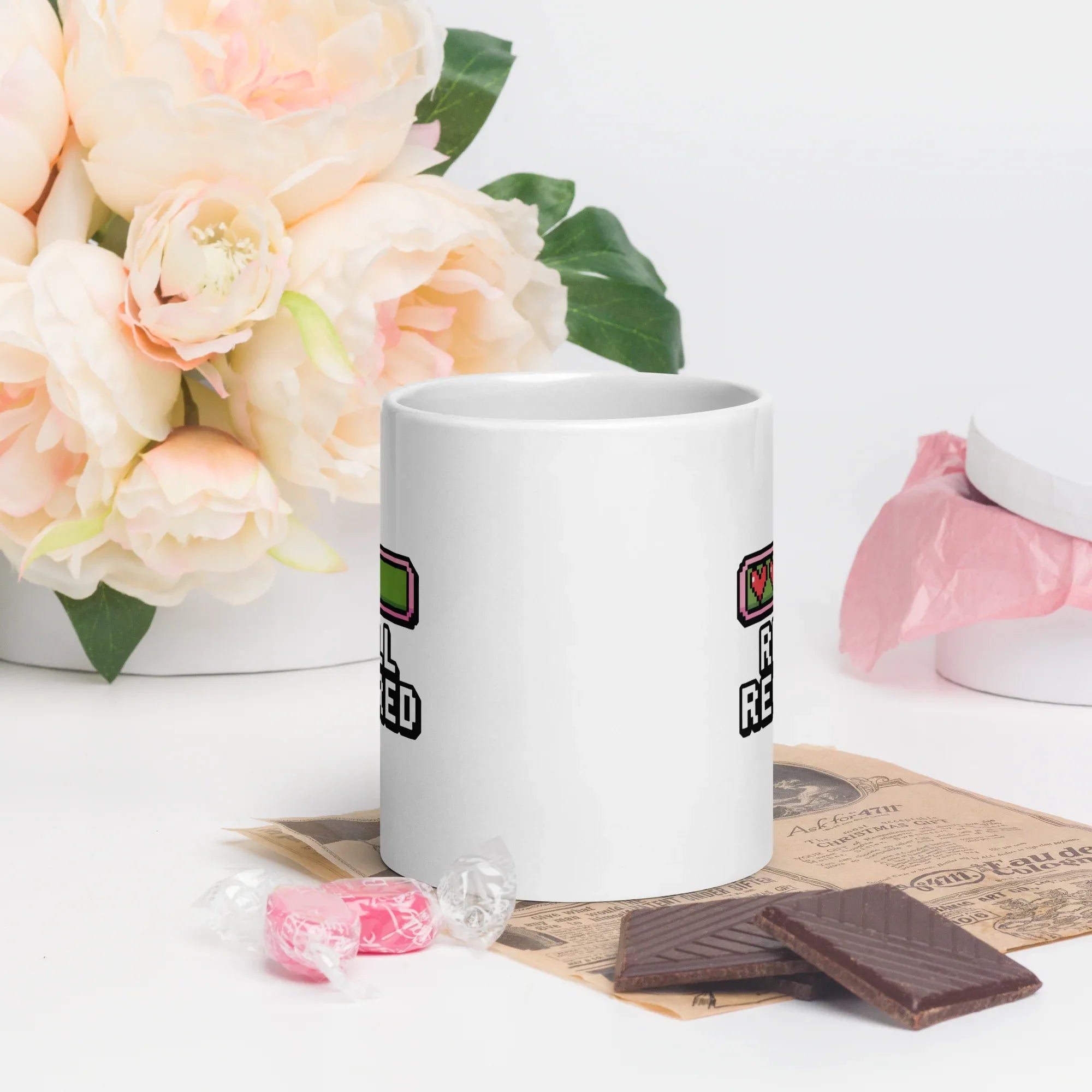 Refill Required Pixel Heart Design – Retro Gaming Energy Bar Mug - RaZits