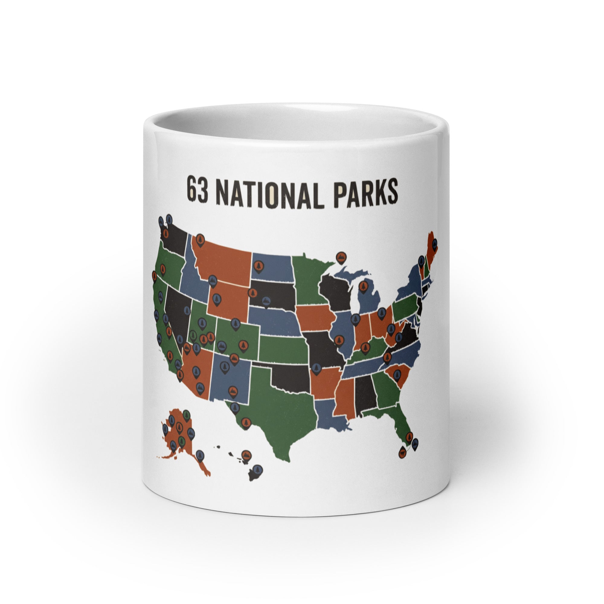 20 oz white national park mug, front view from slightly above: the whole pin-marked map under its headline
