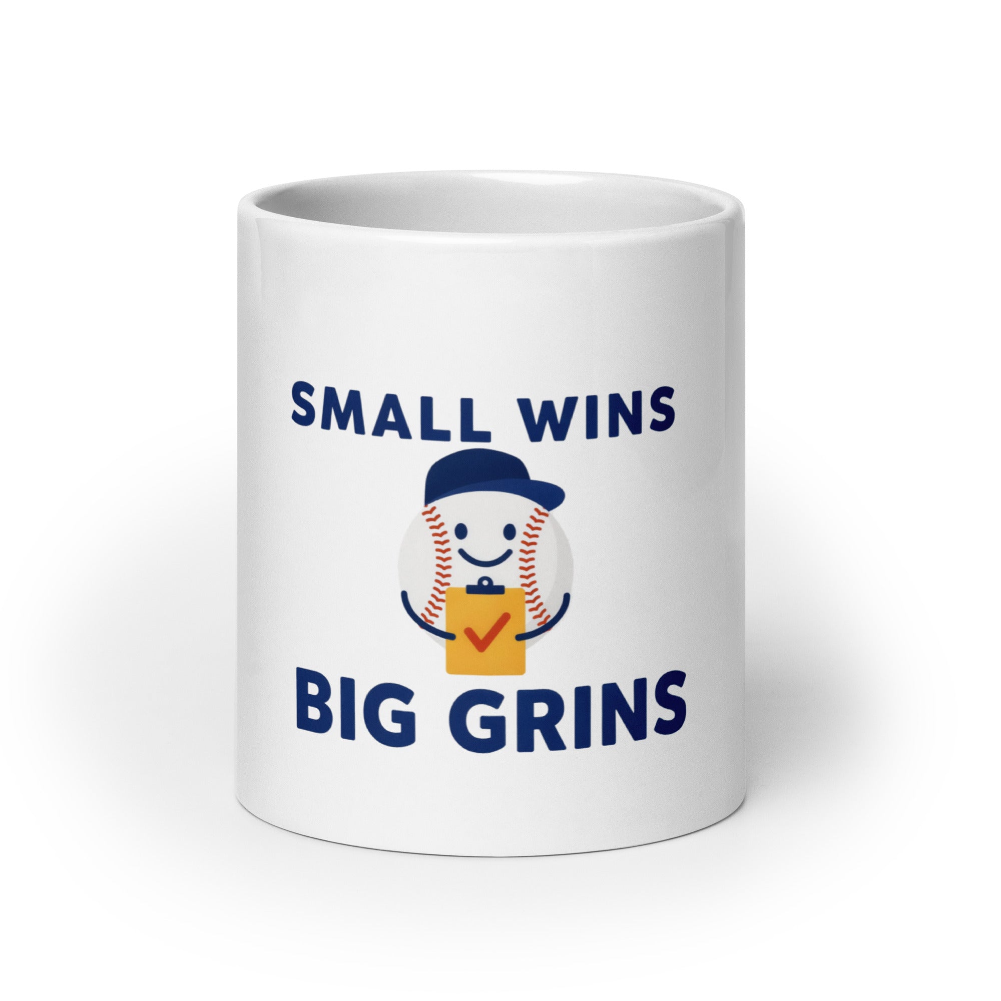 White 20 oz baseball coach mug, front view, with Small Wins, Big Grins lettering and a smiling baseball holding a yellow clipboard.