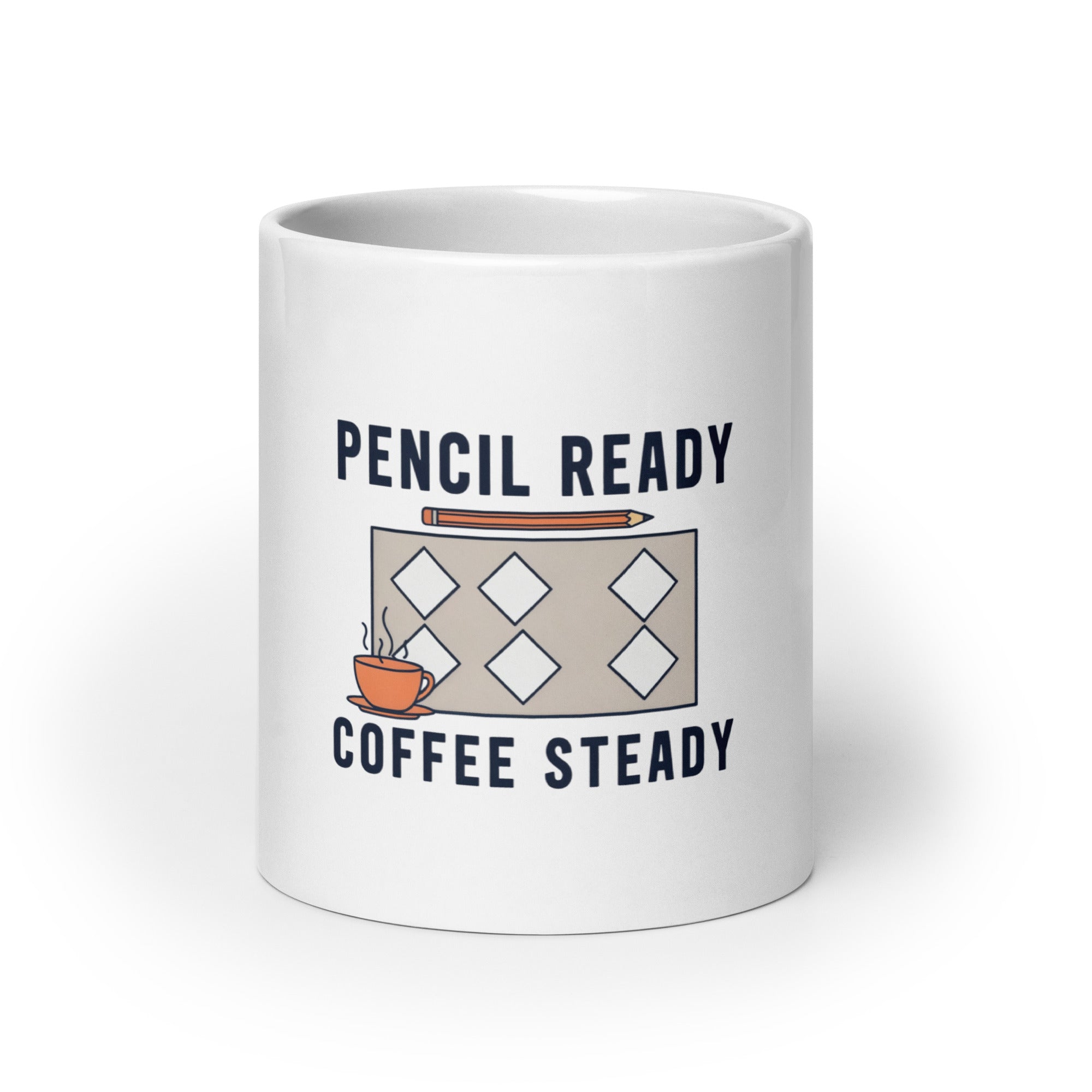 White 20 oz baseball coffee mug with Pencil Ready, Coffee Steady lettering, a horizontal orange pencil, six-diamond scorecard and steaming orange cup; front view.