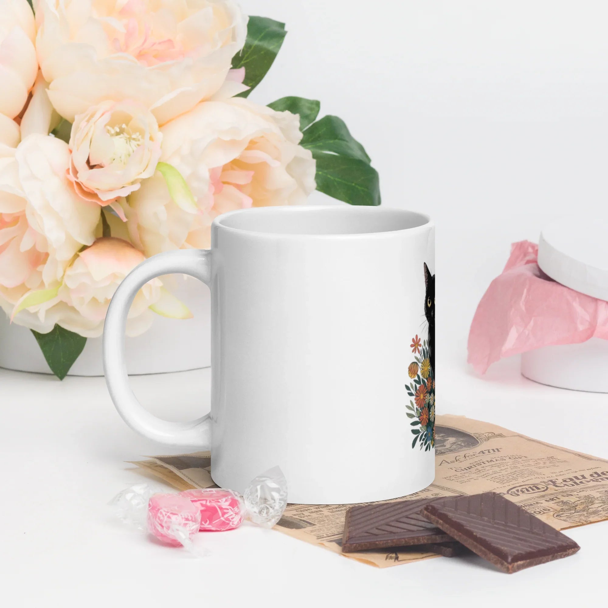 Black Cat Coffee Mug – Cute Floral Design for Cat Lovers - RaZits