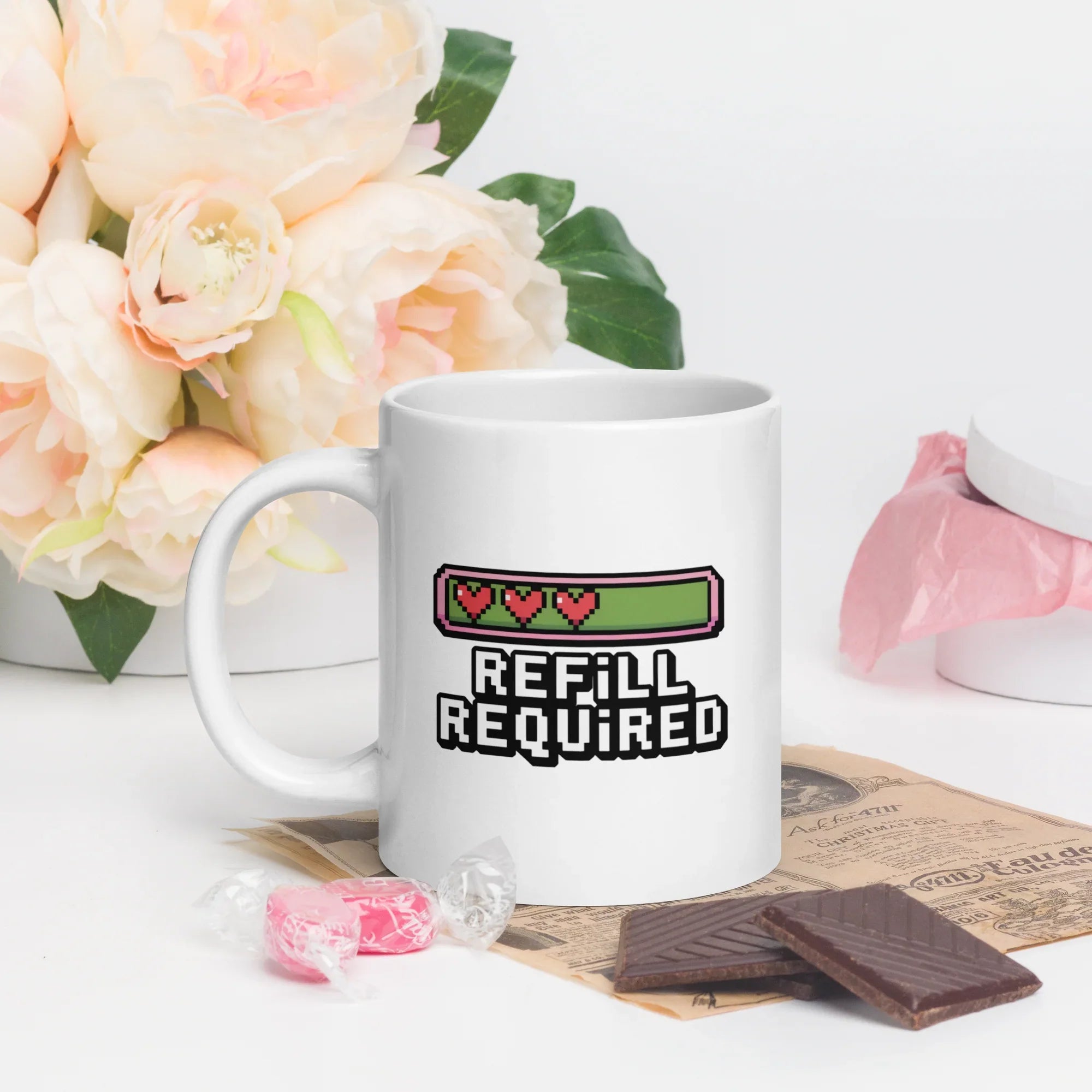 Refill Required Pixel Heart Design – Retro Gaming Energy Bar Mug - RaZits