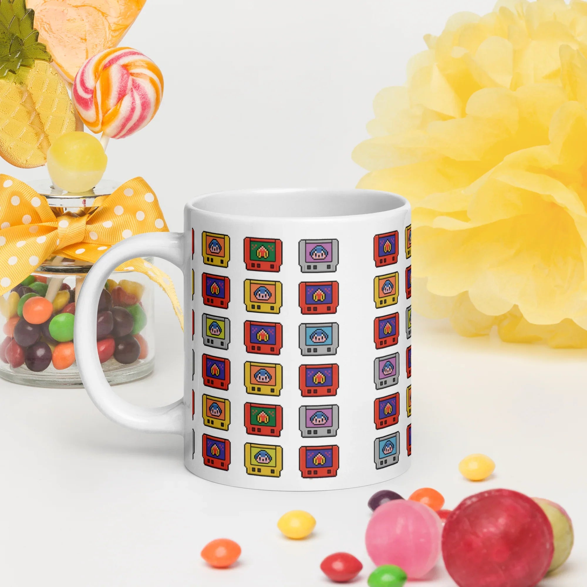 Pixel Cartridge Collection Mug – Retro Gamer Pattern with 8-Bit Nostalgia - RaZits