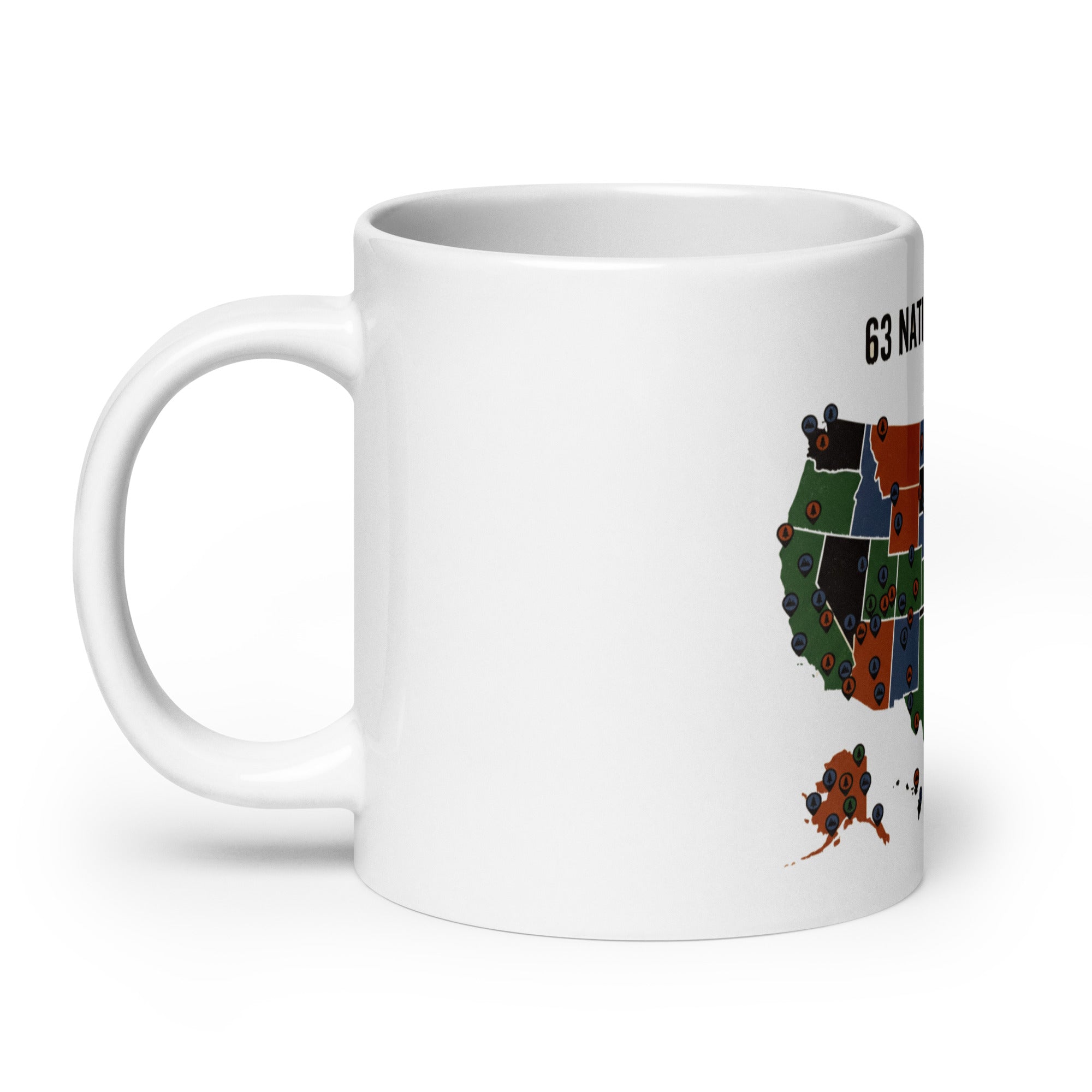 20 oz white national park mug, handle on the left, part of the headline and pin-marked map showing