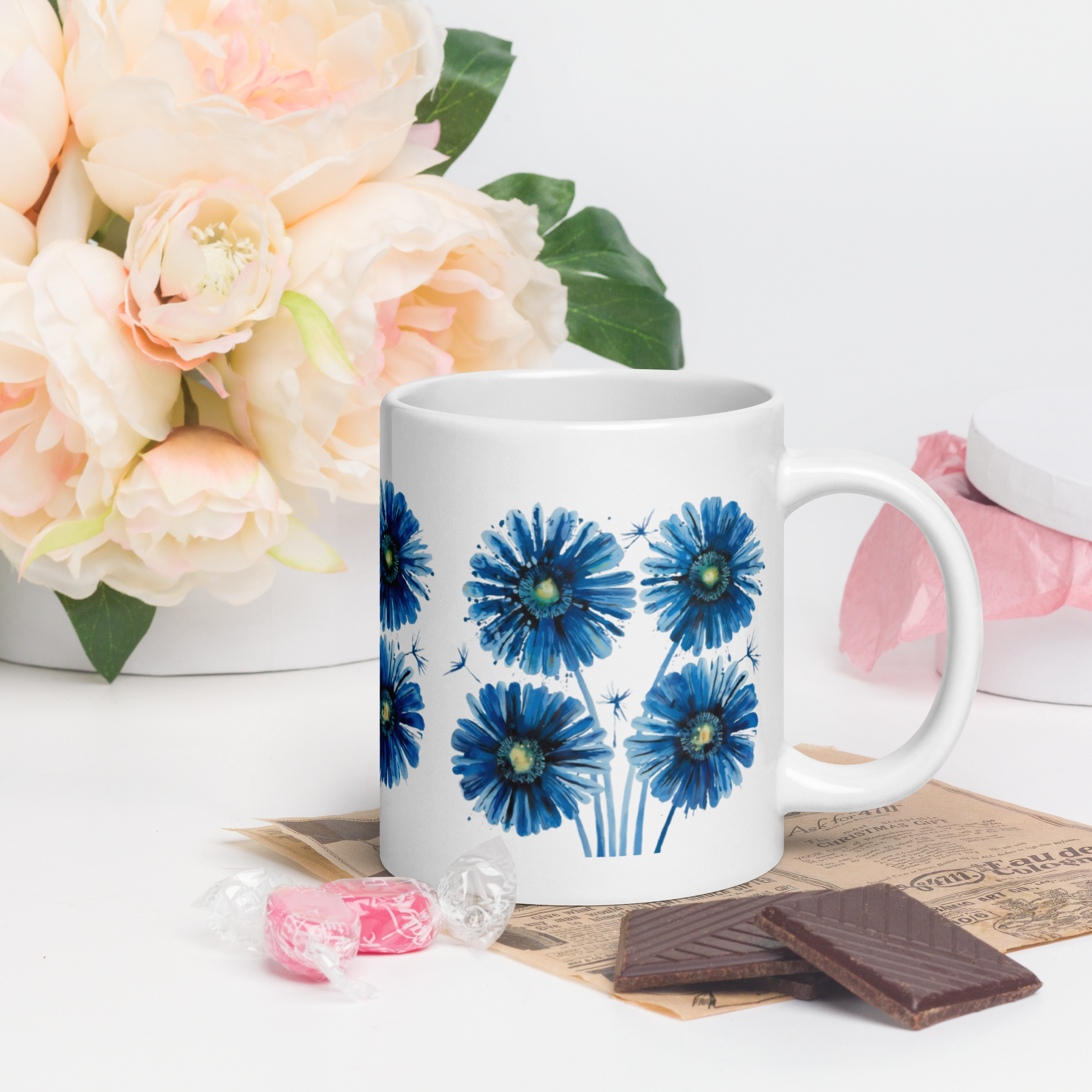 Blue Floral Mug – Beautiful Flower Cup for Morning Coffee & Afternoon Tea.