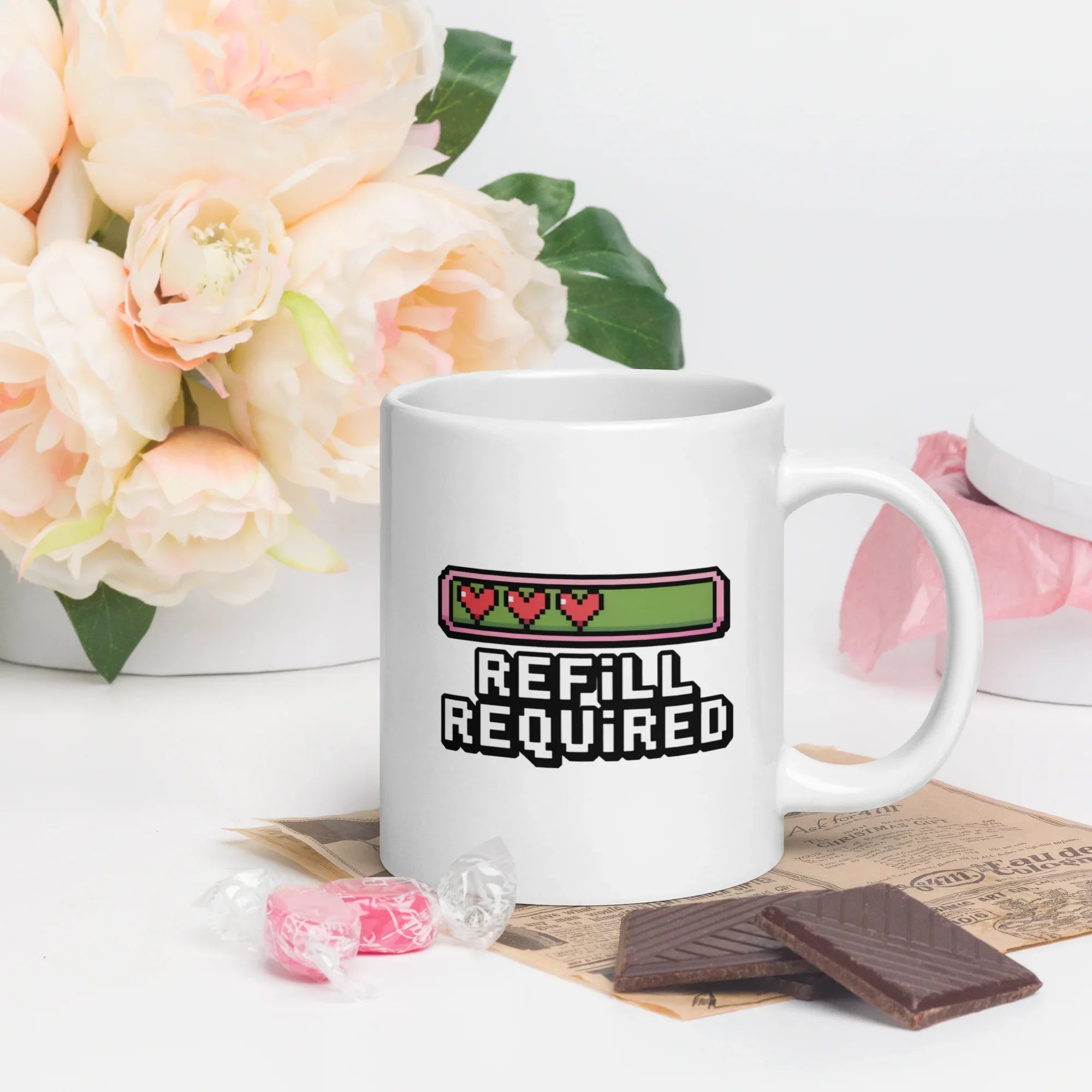 Refill Required Pixel Heart Design – Retro Gaming Energy Bar Mug - RaZits