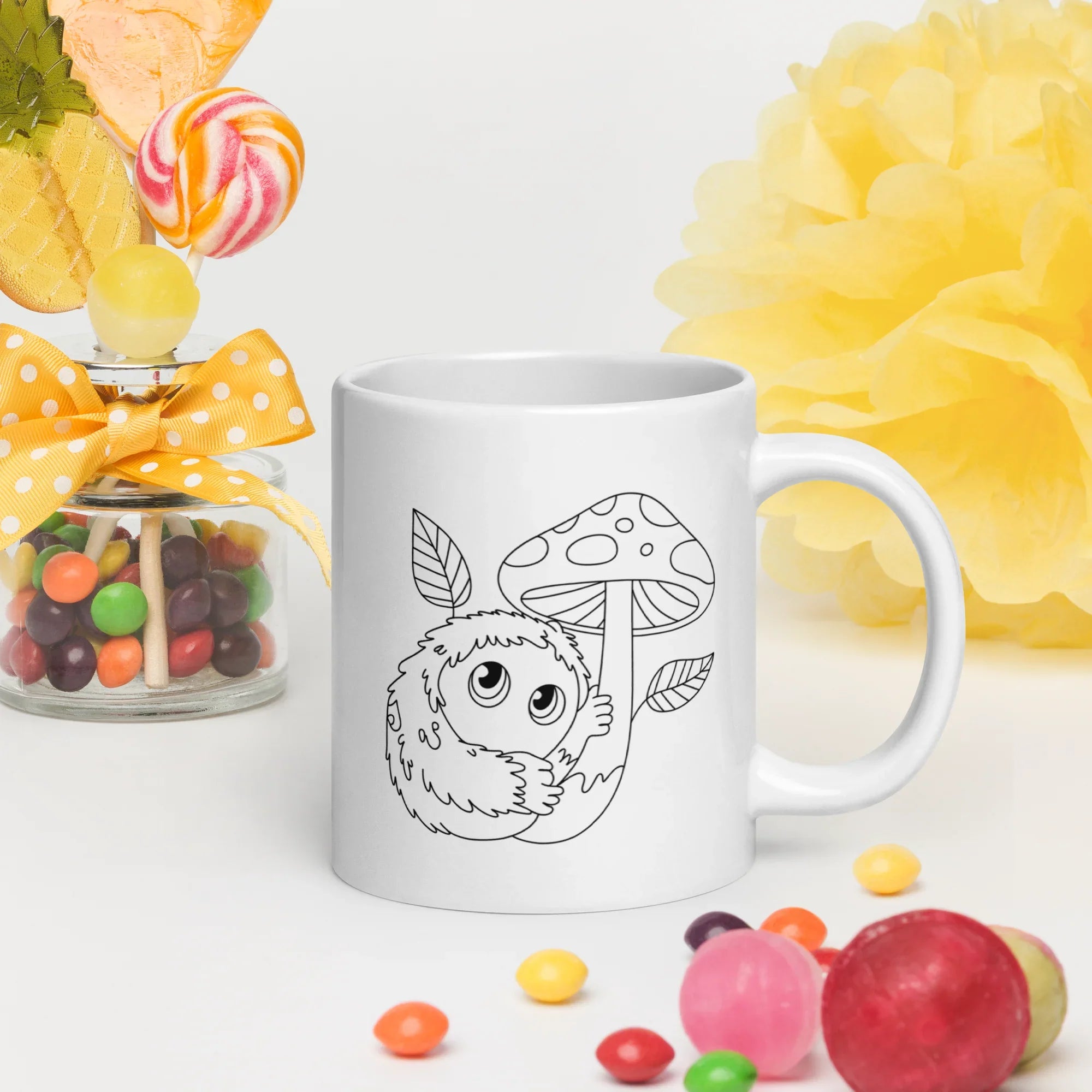 Forest Familiar Mug – Whimsical Mushroom Creature Line Art for Cozy Fantasy Gamers - RaZits