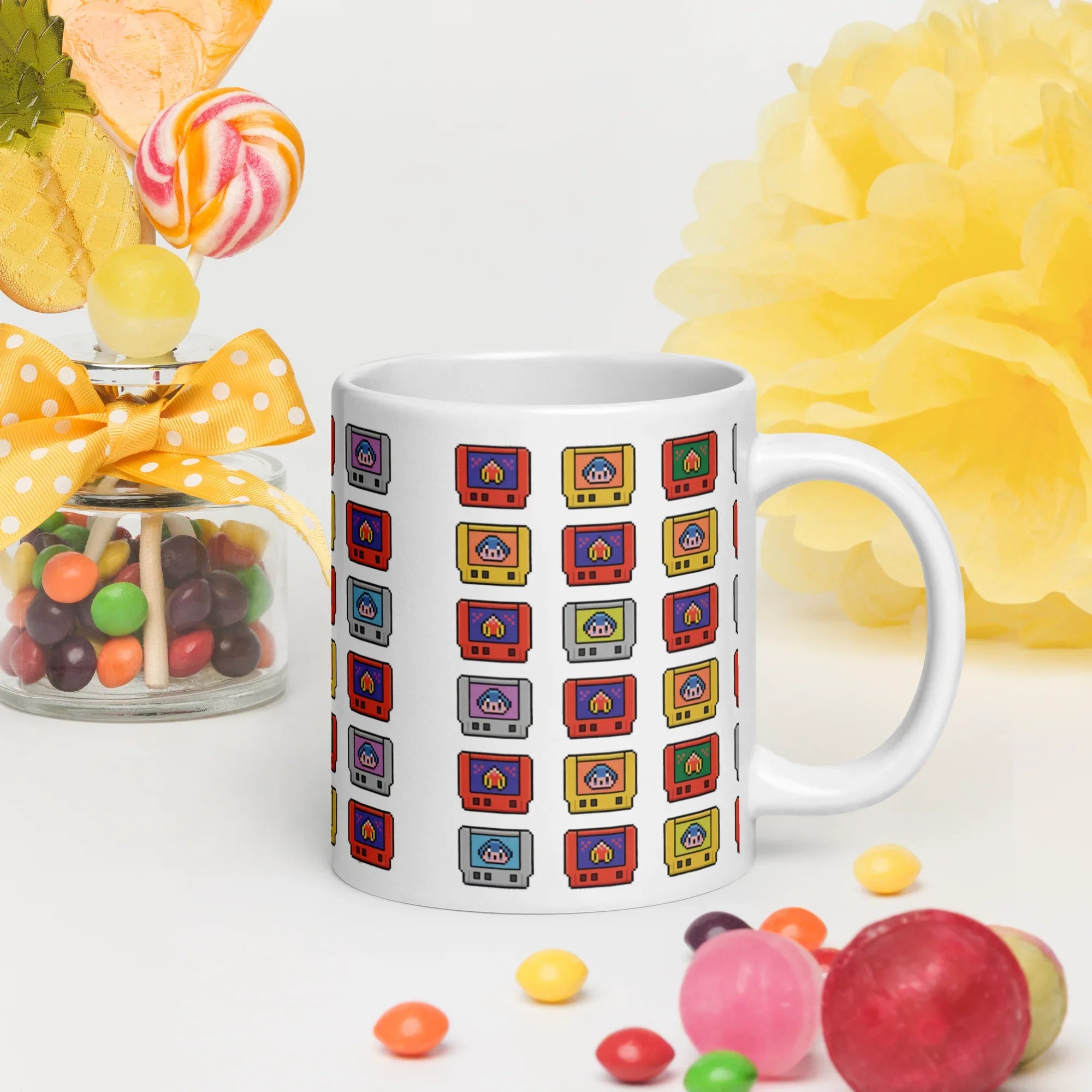 Pixel Cartridge Collection Mug – Retro Gamer Pattern with 8-Bit Nostalgia - RaZits