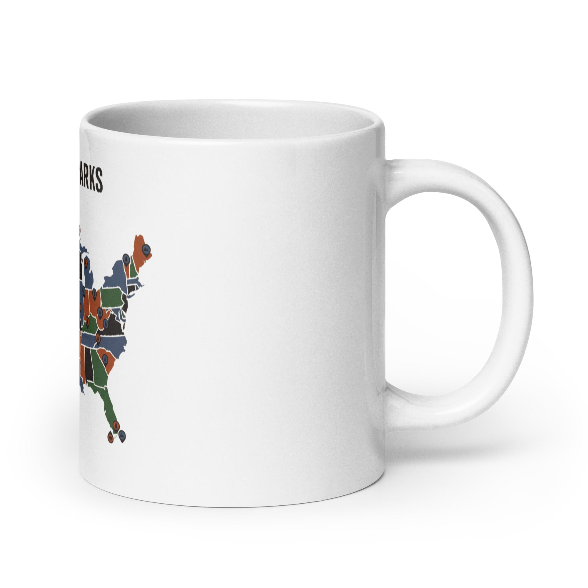 20 oz white national park mug, handle on the right, one edge of the four-color US map showing