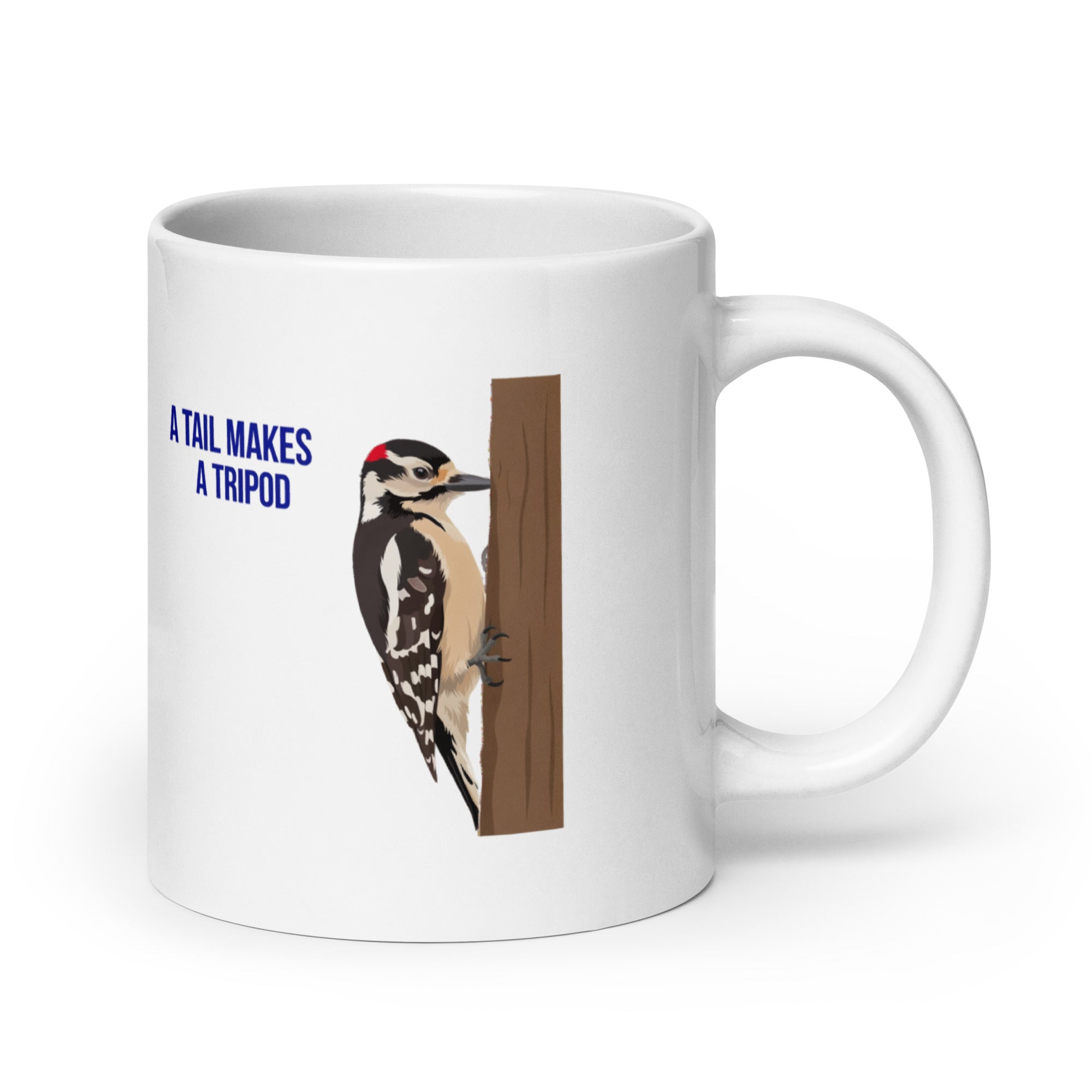 20 oz woodpecker mug, handle on the right, A Tail Makes a Tripod Downy Woodpecker design
